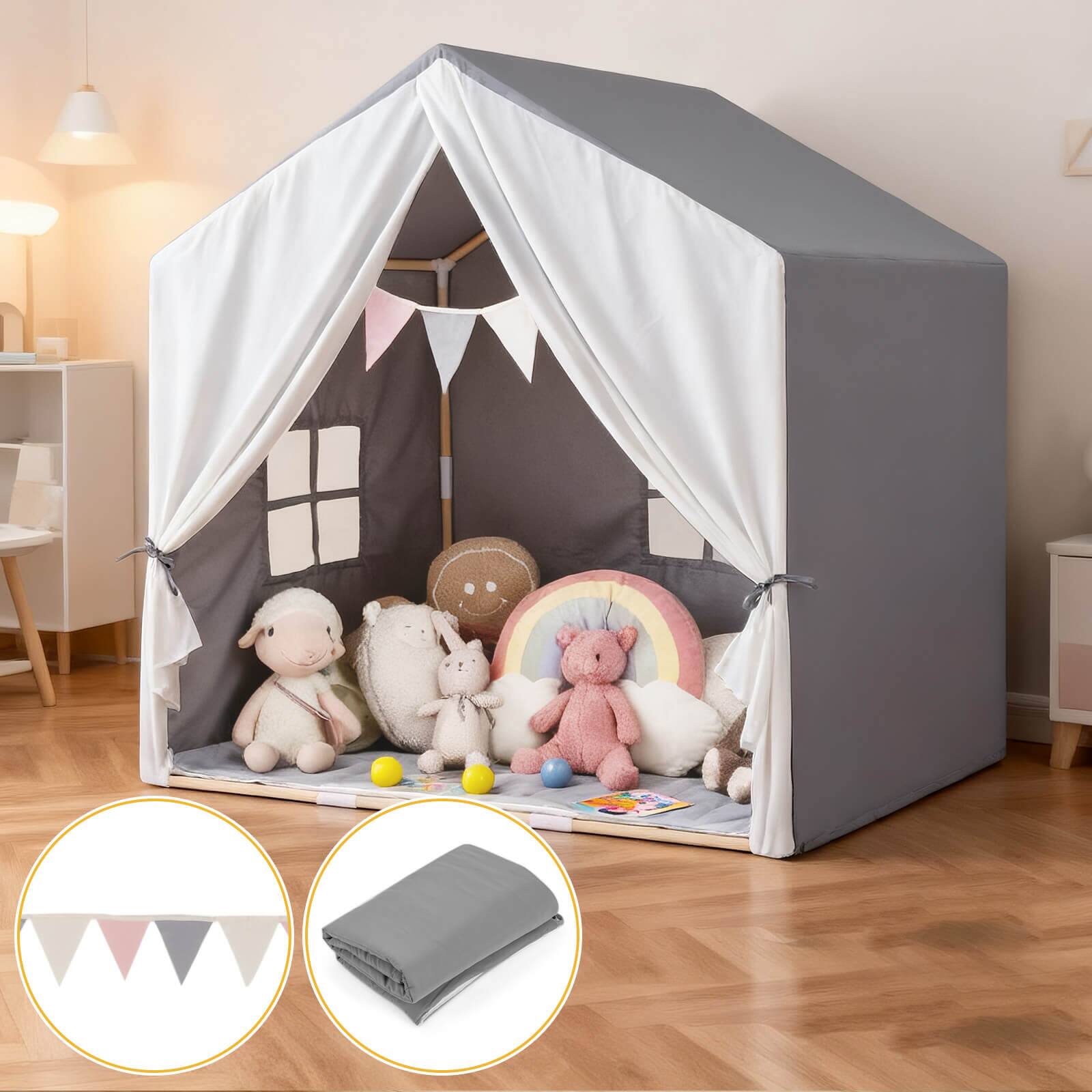 Alt View 7. Costway - Costway Kid's Play Tent Toddler Playhouse Castle Solid Wood Frame with Washable Mat - Gray.