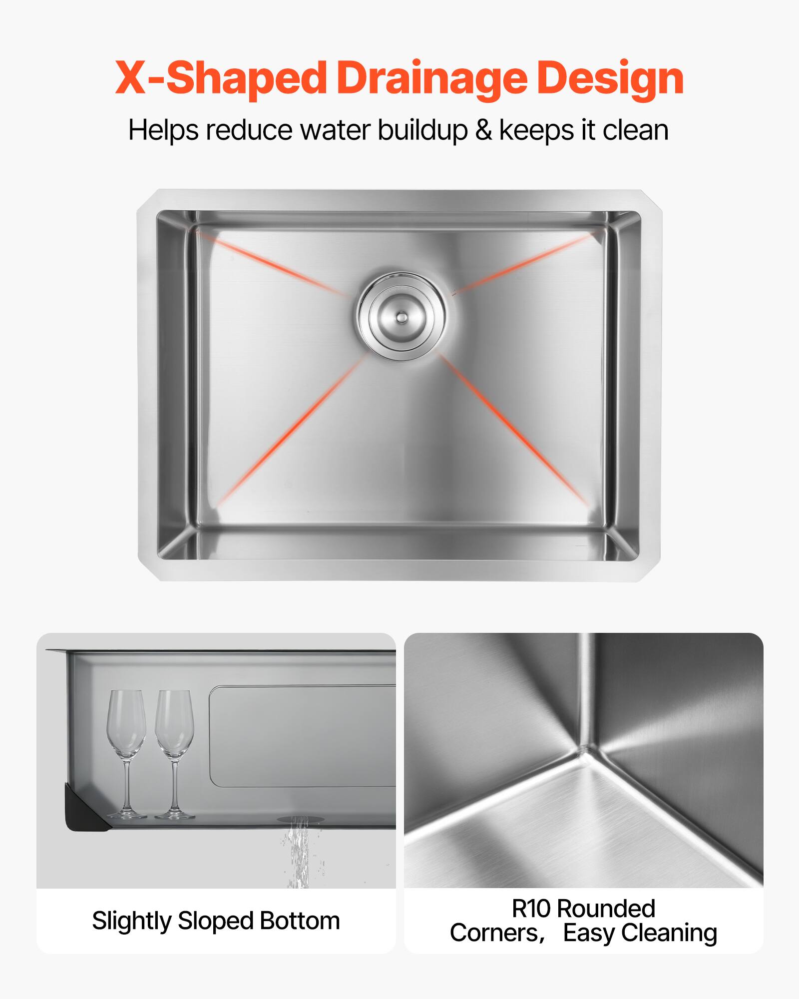 X-Shaped Drainage Design Helps reduce water buildup & keeps it clean  
Slightly Sloped Bottom  
R10 Rounded Corners, Easy Cleaning