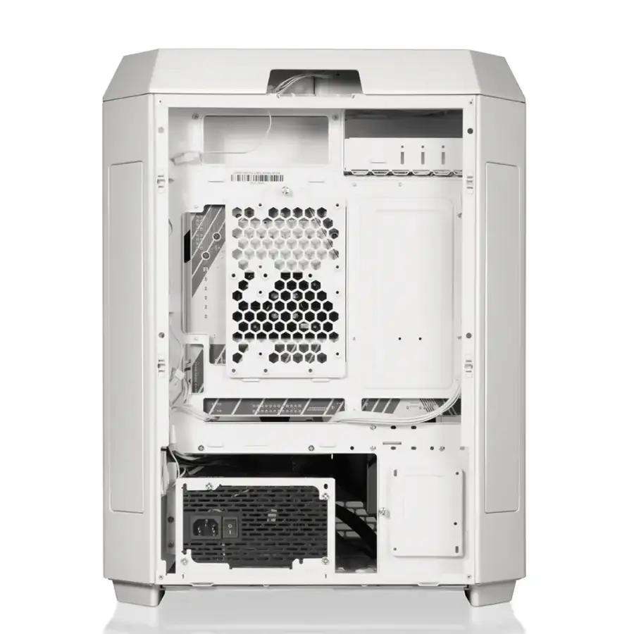 The image shows a white computer tower with its side panel removed, revealing the internal components. The computer tower is equipped with a hard drive and a CPU, as well as a cooling fan. The side panel is open, allowing a clear view of the computer's internal components.