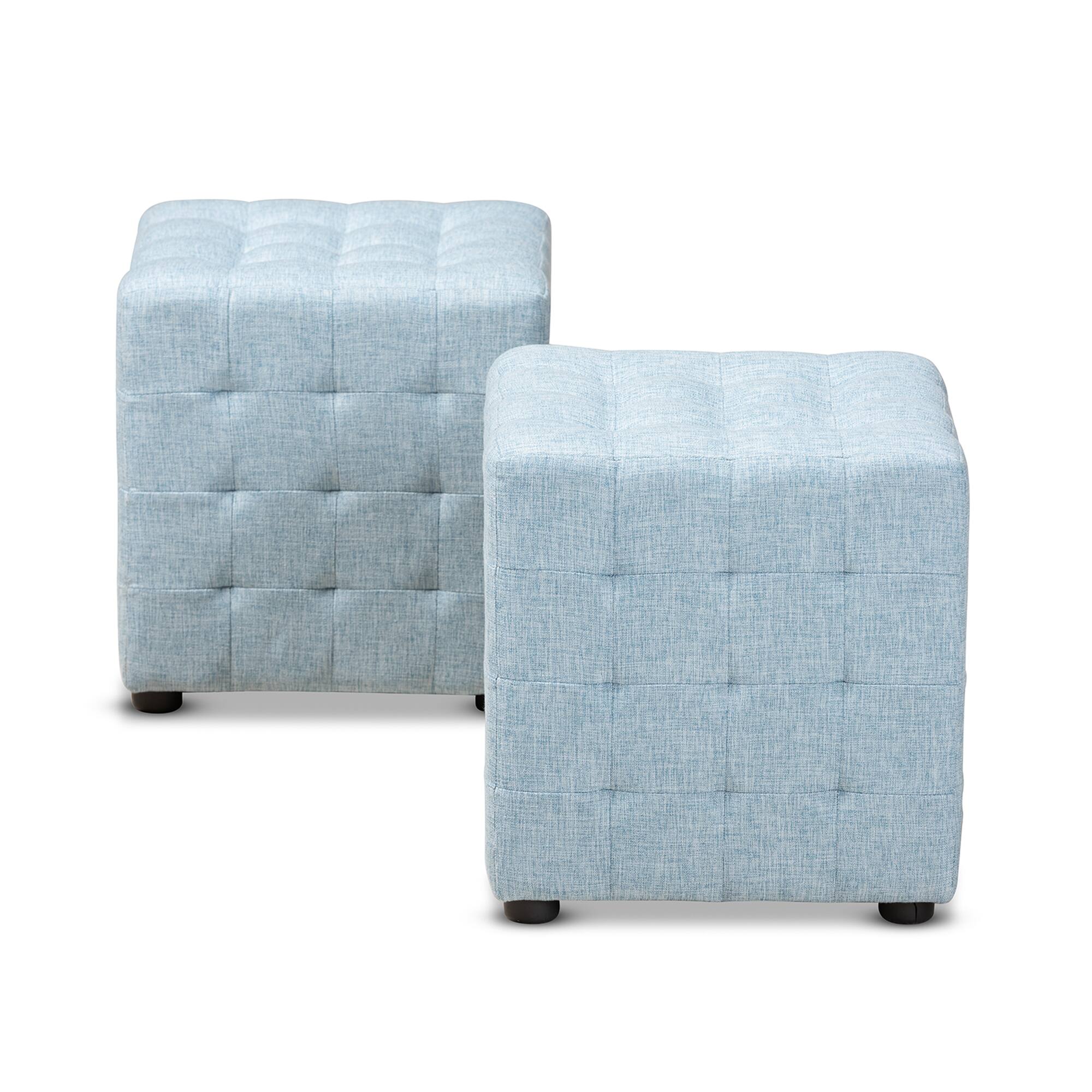 Angle. Baxton Studio - Elladio Modern and Contemporary Fabric Upholstered Tufted Cube Ottoman Set - Light Blue.