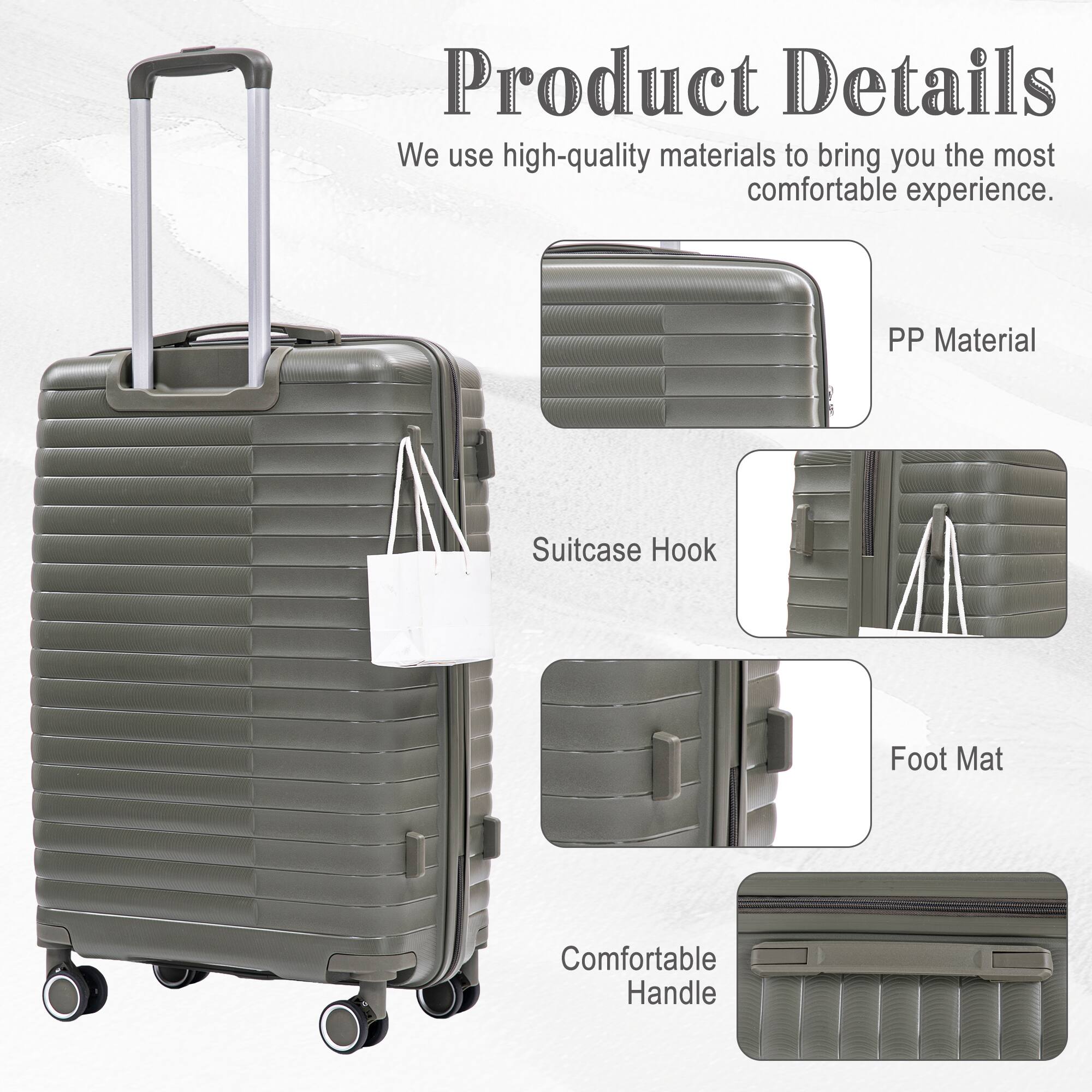Product Details  
We use high-quality materials to bring you the most comfortable experience.  
- PP Material  
- Suitcase Hook  
- Foot Mat  
- Comfortable Handle