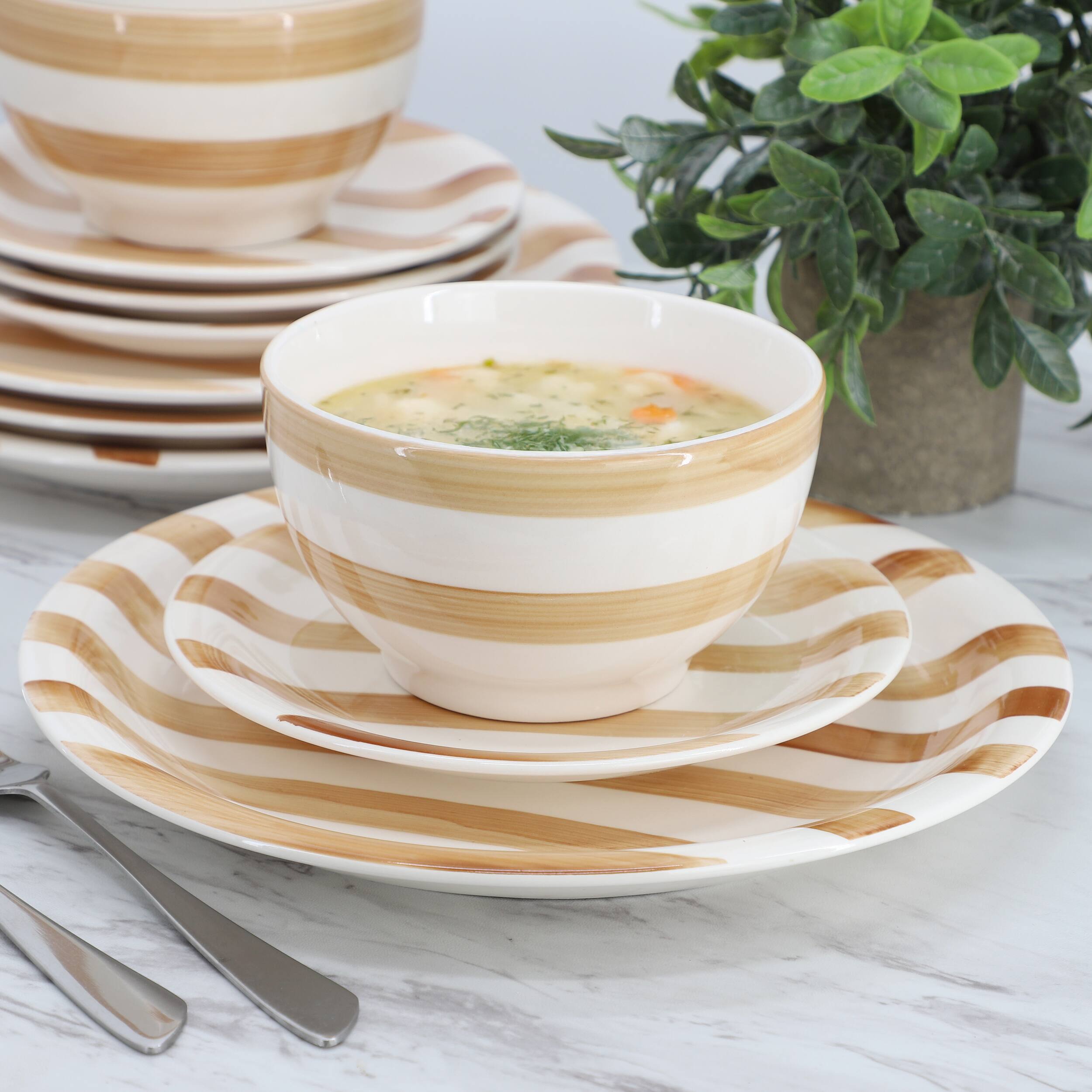 Alt View 6. Gibson - Gibson Home Kenwood Shores 12 Piece Stoneware Dinnerware Set in Sand Stripe - Sand Stripe.