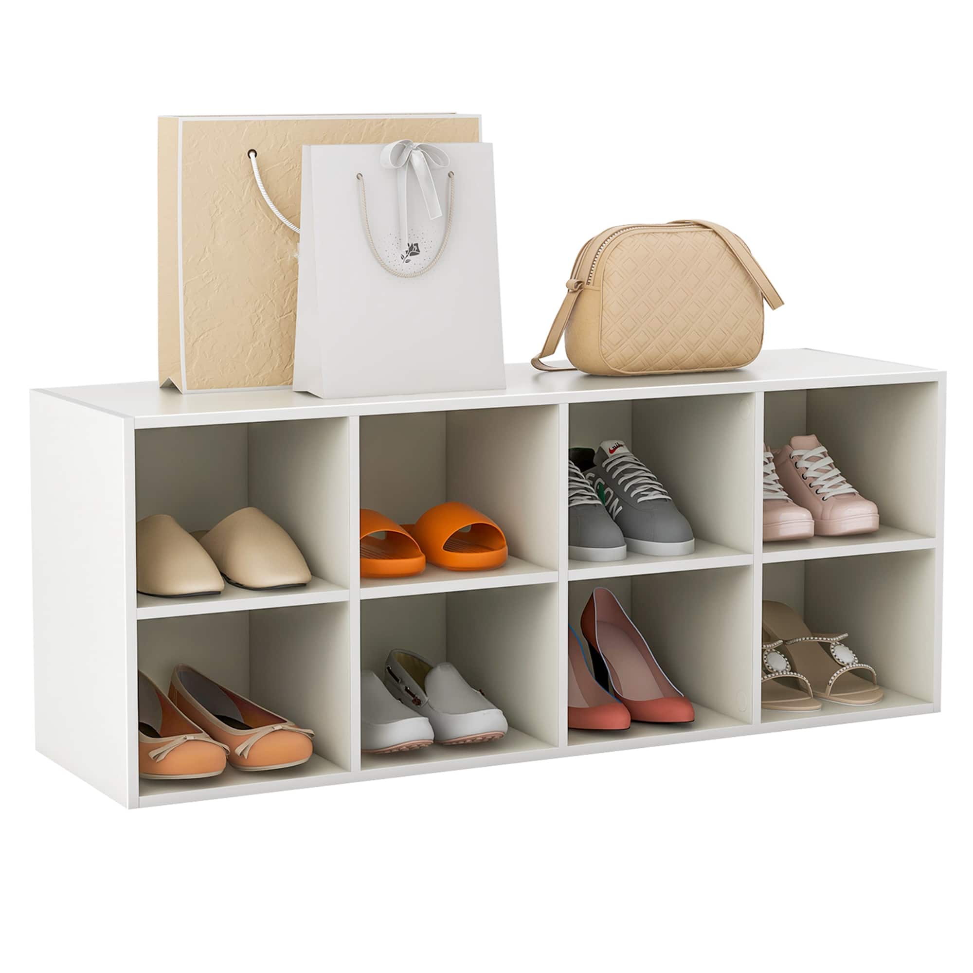 Front. Costway - 8 Cubbies Shoe Bench with 500 LBS Weight Capacity Cubby Shoe Rack Storage Cabinet White - White.