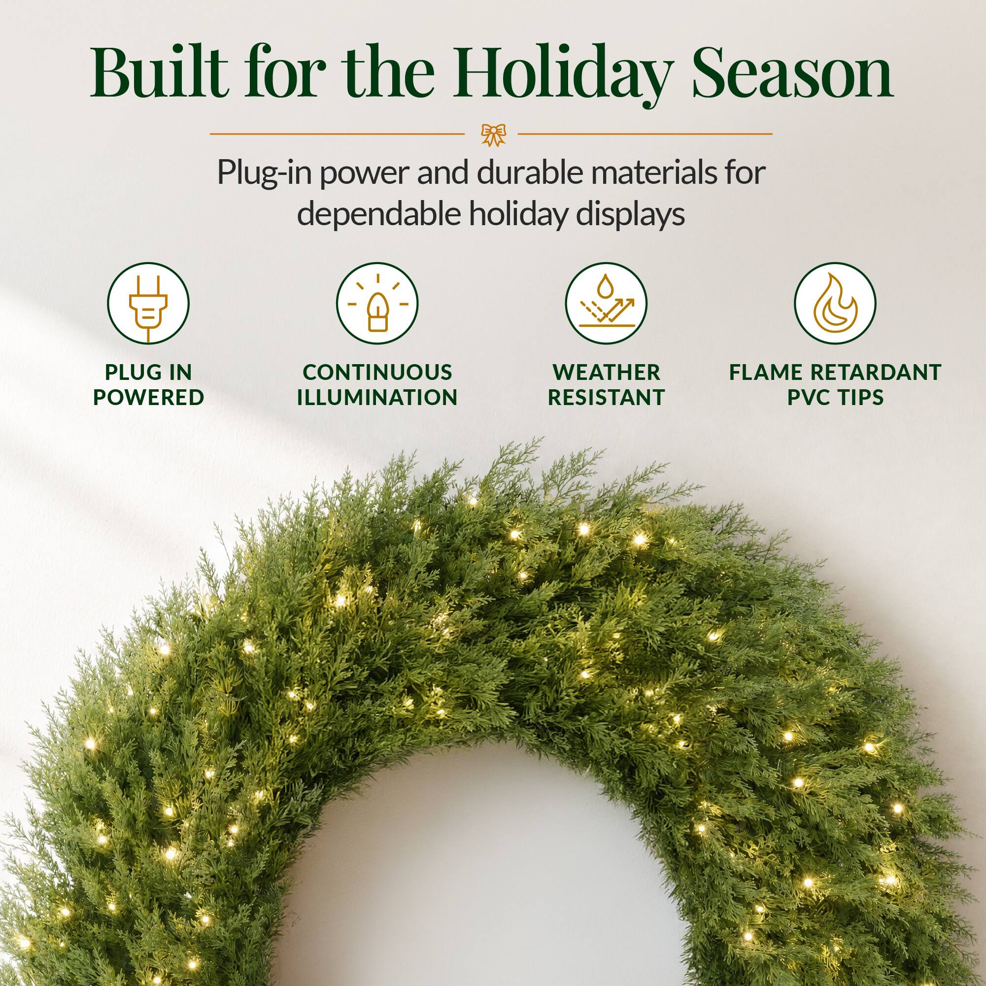 Built for the Holiday Season

Plug-in power and durable materials for dependable holiday displays

- PLUG IN POWERED
- CONTINUOUS ILLUMINATION
- WEATHER RESISTANT
- FLAME RETARDANT PVC TIPS