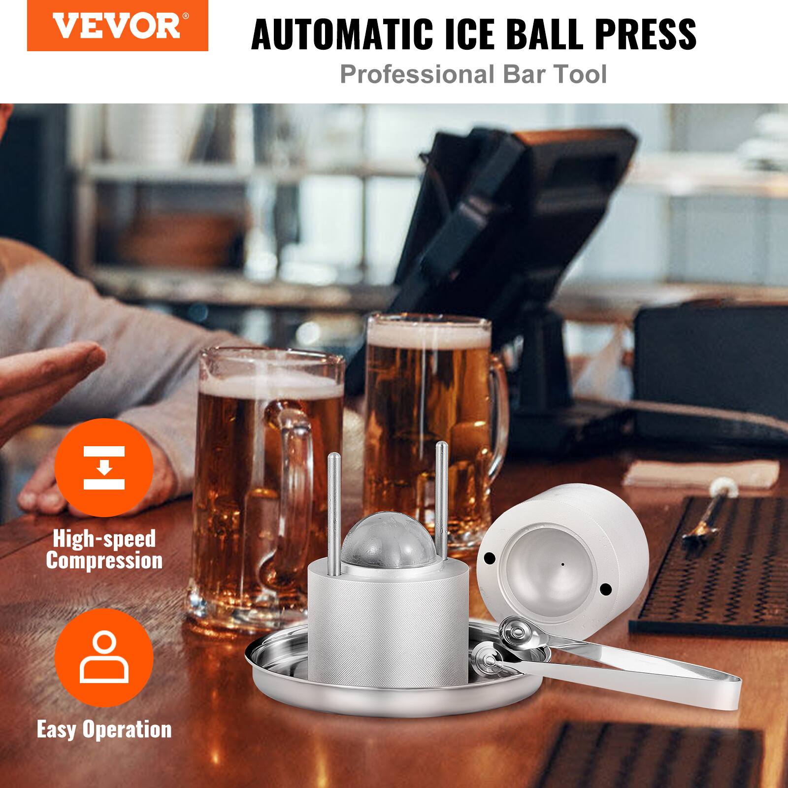 VEVOR  
AUTOMATIC ICE BALL PRESS  
Professional Bar Tool  

- High-speed Compression  
- Easy Operation