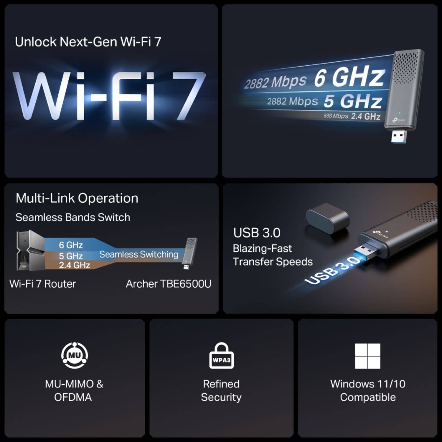 Unlock Next-Gen Wi-Fi 7:
* Wi-Fi 7: 2882 Mbps, 6 GHz, 2882 Mbps, 5 GHz, 688 Mbps, 2.4 GHz
* Multi-Link Operation
* Seamless Bands Switch
* USB 3.0
* 6 GHz: Seamless Blazing-Fast Transfer Speeds
* 5 GHz: Seamless Blazing-Fast Transfer Speeds
* 2.4 GHz: Transfer Speeds
* Wi-Fi 7 Router: Archer TBE6500U
* USB: USB 3.0
* Security: MU-MIMO & OFDMA, Refined Security
* Compatibility: Windows 11/10 Compatible