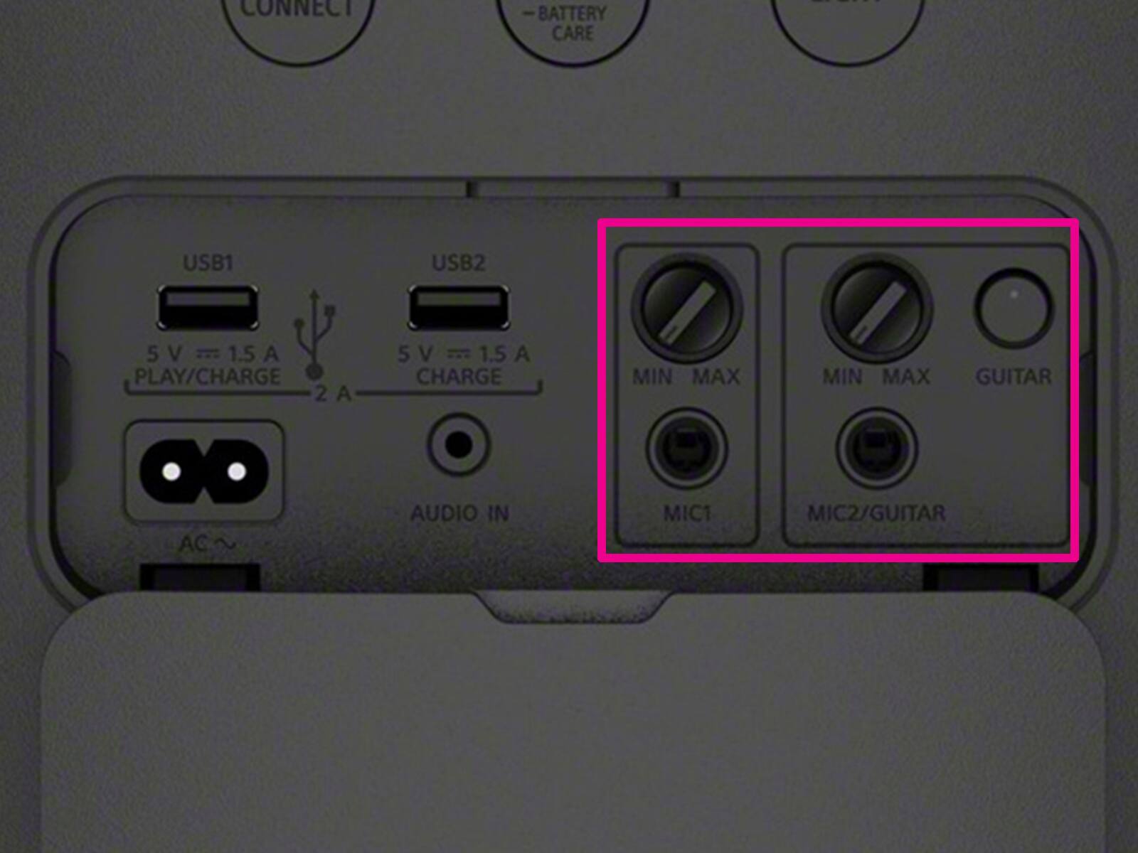 - BATTERY CARE
- CONNECT
- USB1
  - 5 V = 1.5 A
  - PLAY/CHARGE 2 A
- USB2
  - 5 V = 1.5 A
  - CHARGE
- AC
- AUDIO IN
- MIC1
- MIC2/GUITAR
- MIN MAX
- GUITAR