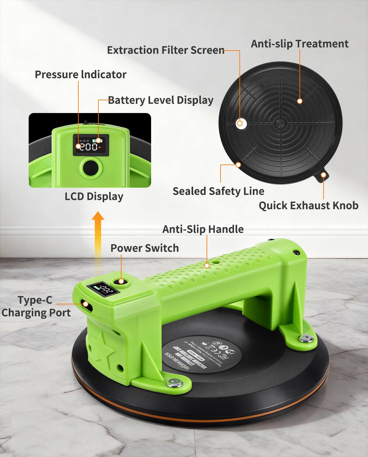 Extraction Filter Screen  
Anti-slip Treatment  
Pressure Indicator  
Battery Level Display  
200 LCD Display  
Sealed Safety Line  
Quick Exhaust Knob  
Anti-Slip Handle  
Power Switch  
Charging Port  

Type-C  

WT 002 N  
134S  
NAO3VA  

UEN -