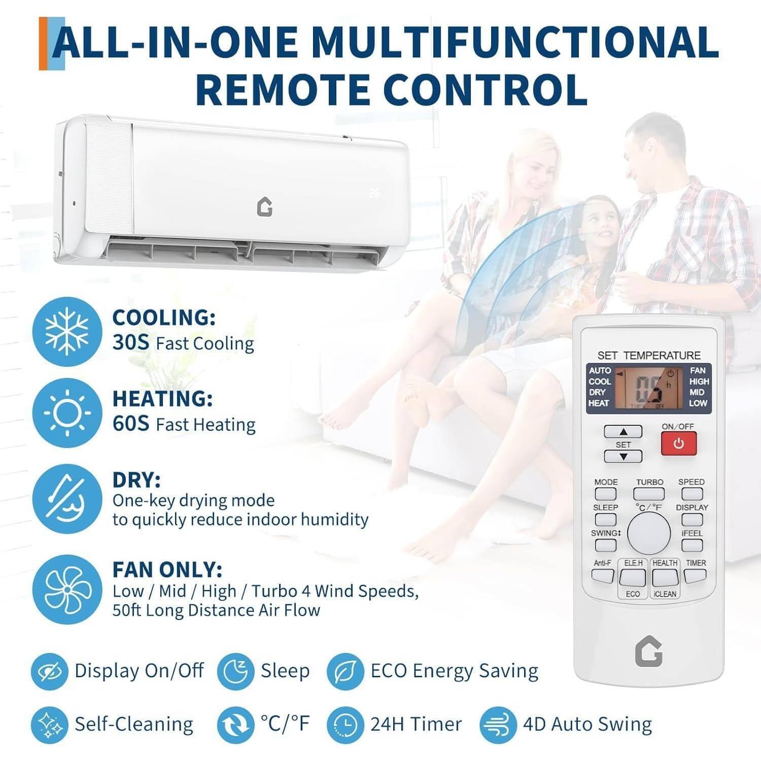**ALL-IN-ONE MULTIFUNCTIONAL REMOTE CONTROL**

- **COOLING:** 30S Fast Cooling
- **HEATING:** 60S Fast Heating
- **DRY:** One-key drying mode to quickly reduce indoor humidity
- **FAN ONLY:** Low / Mid / High / Turbo 4 Wind Speeds, 50ft Long Distance Air Flow
- **SET TEMPERATURE:** AUTO FAN COOL HIGH DRY MID HEAT LOW ON/OFF
- **MODE:** TURBO SPEED SLEEP C/F DISPLAY SWING
- **BEIL:** FAN ONLY: Low / Mid / High / Turbo 4 Wind Speeds, 50ft Long Distance Air Flow
- **Arb-F:** ELE.H HEALTH TIMER ECO CLEAN
- **Display On/Off**
- **Sleep**
- **ECO Energy Saving**
- **Self-Cleaning**
- **°C/°F**
- **24H Timer**
- **4D Auto Swing**