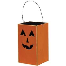 Angle. BreeBe - Distressed Wooden Jack O' Lantern Luminary - Orange.