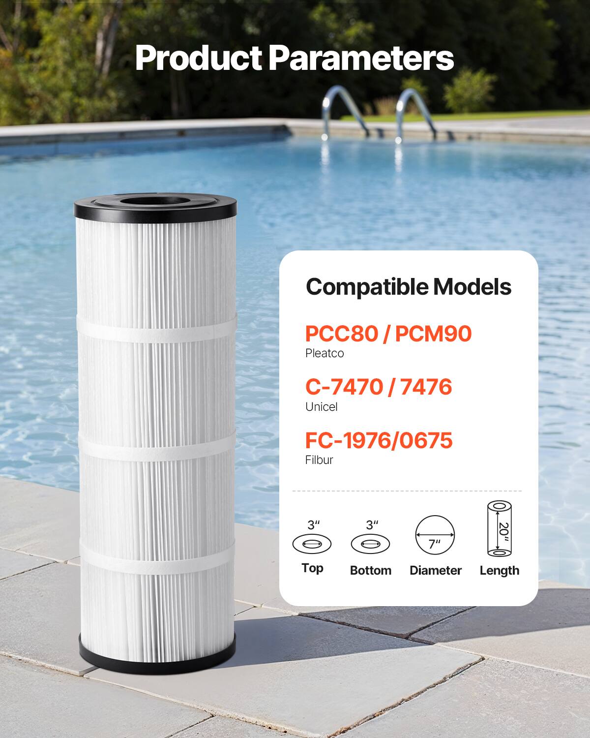 Product Parameters

Compatible Models

PCC80 / PCM90  
Pleatco

C-7470 / 7476  
Unicel

FC-1976/0675  
Filbur

3"  
Top

3"  
Bottom

7"  
Diameter

20"  
Length