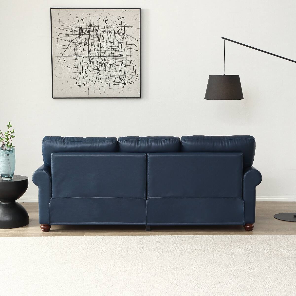 Back. Ropilly - Ropilly Navy Blue Faux Leather Sofa with Round Arms and Silver Nailhead Trim, 3 Seat Living Room Sofa - Navy Blue.