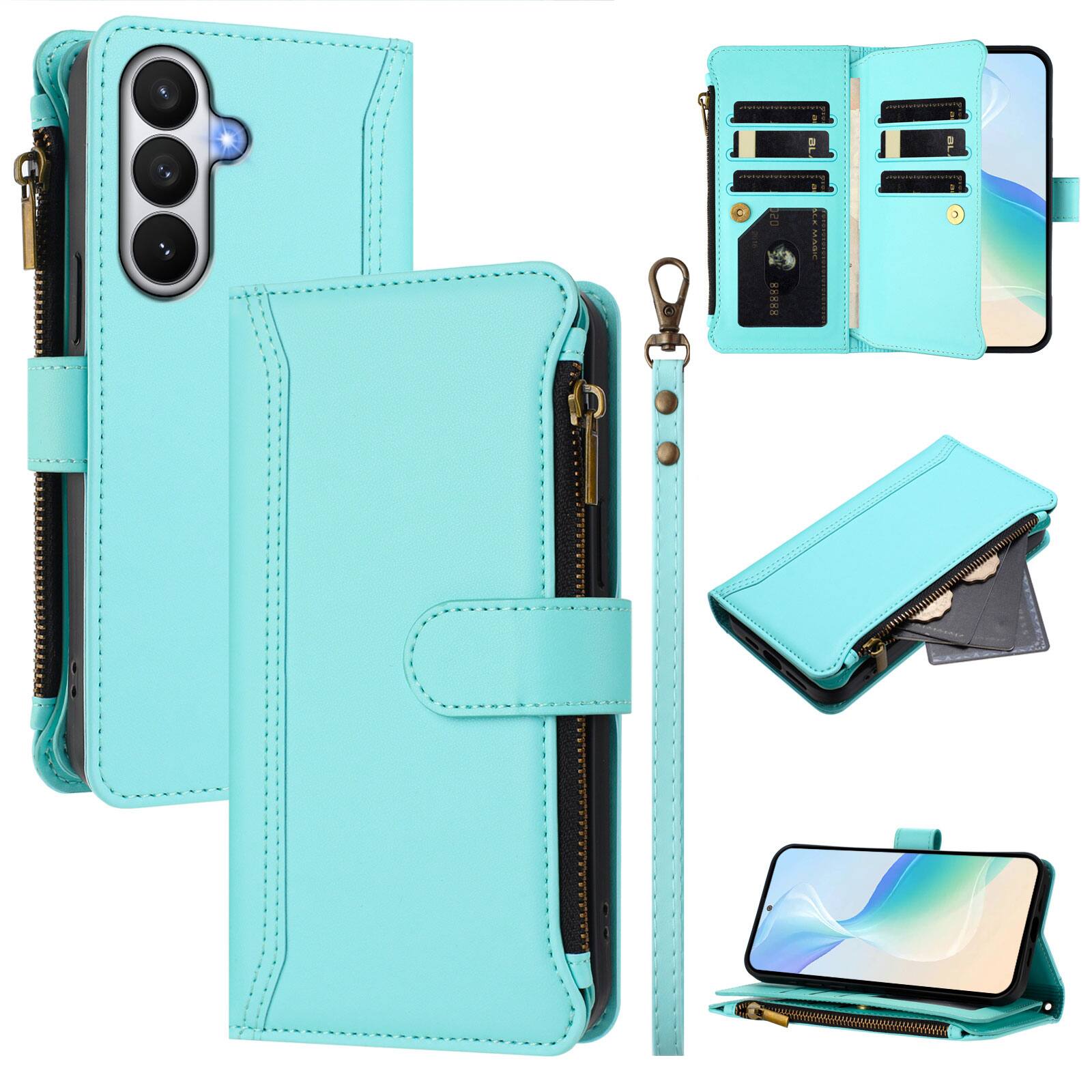 Front. Dteck - Crossbody Wallet Case for Samsung Galaxy S26, Shockproof Zipper PU Leather Flip Stand Cover with 9 Card Slots - Mint.