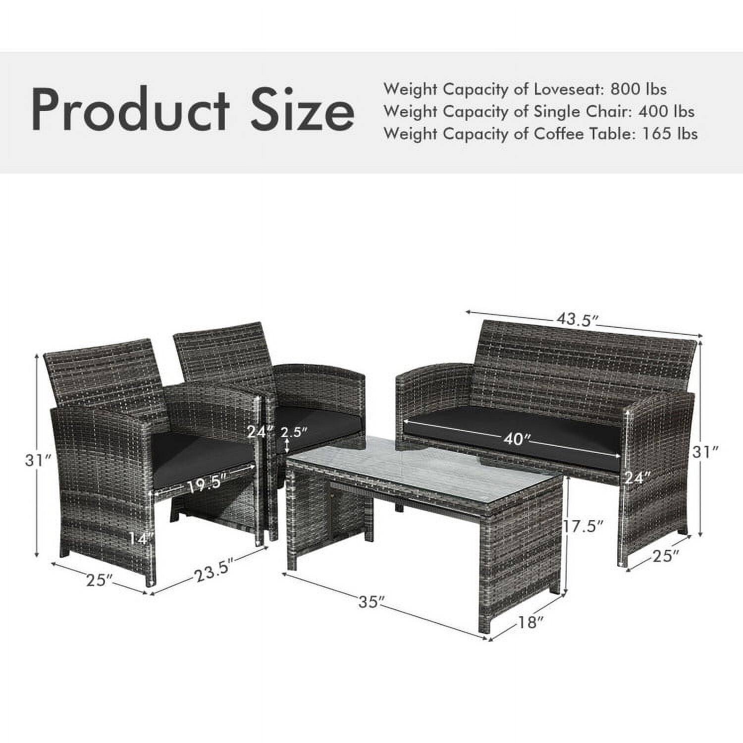 Weight Capacity of Loveseat: 800 lbs  
Weight Capacity of Single Chair: 400 lbs  
Weight Capacity of Coffee Table: 165 lbs  

Product Size  
43.5"  
31"  
24"  
2.5"  
19.5"  
40"  
24"  
31"  
25"  
14"  
23.5"  
35"  
17.5"  
18"  
25"