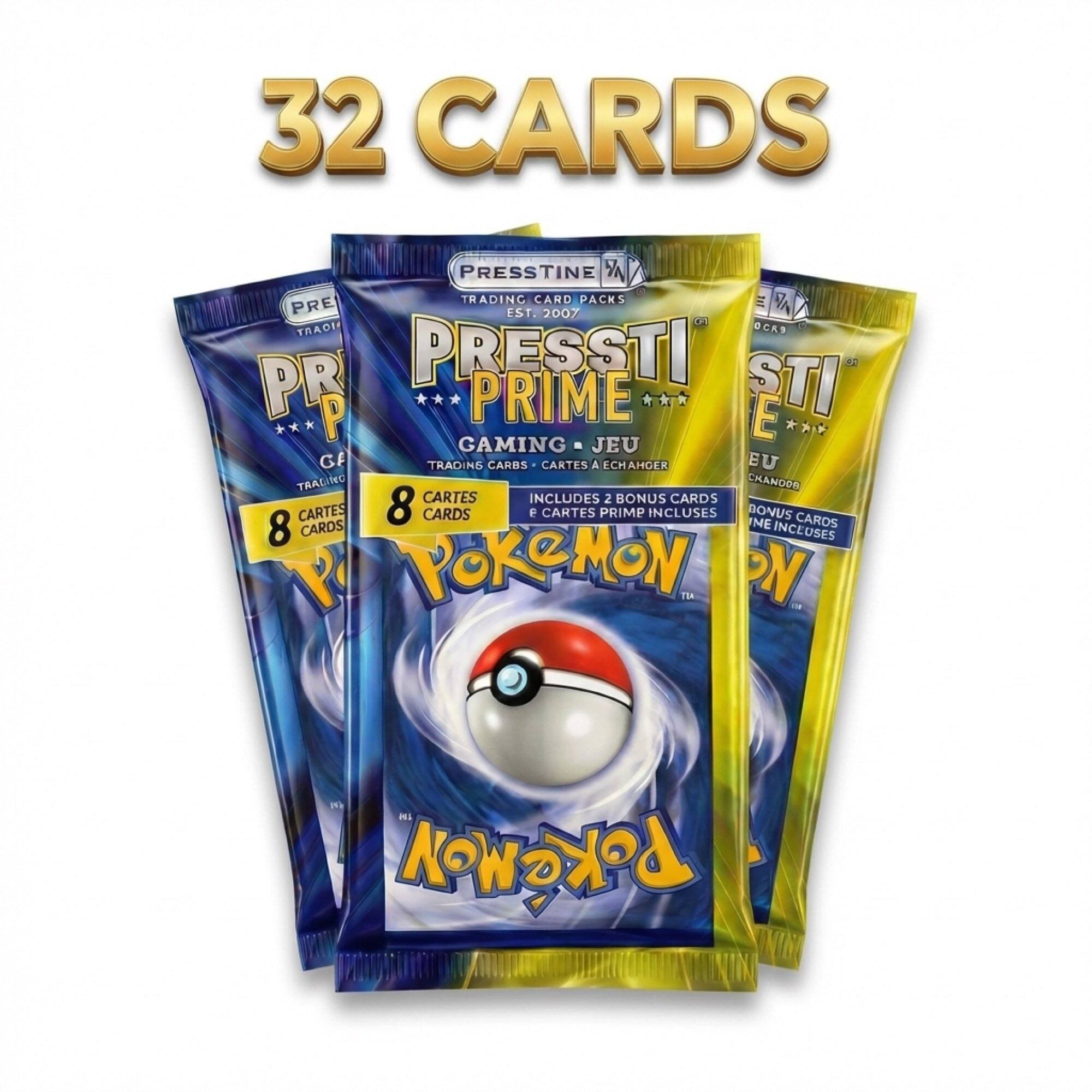 32 CARDS

PRESTINE TRADING CARD PACKS

EST. 2007

PRESS TIME

GAMING JEUX

TRADING CARDS - CARTES À ÉCHANGER

INCLUDES 2 BONUS CARDS - INCLUSES 2 CARTES PRIMES

8 CARDS - 8 CARTES

POKÉMON TM