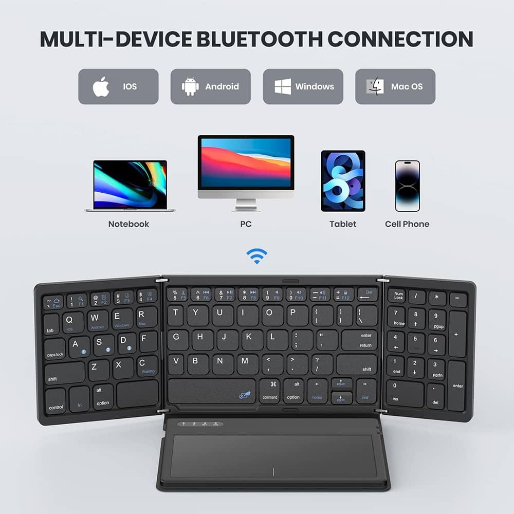 RTMB - Foldable Bluetooth Keyboard – Full Size, Touchpad, Numeric Keypad, PU Leather - Black