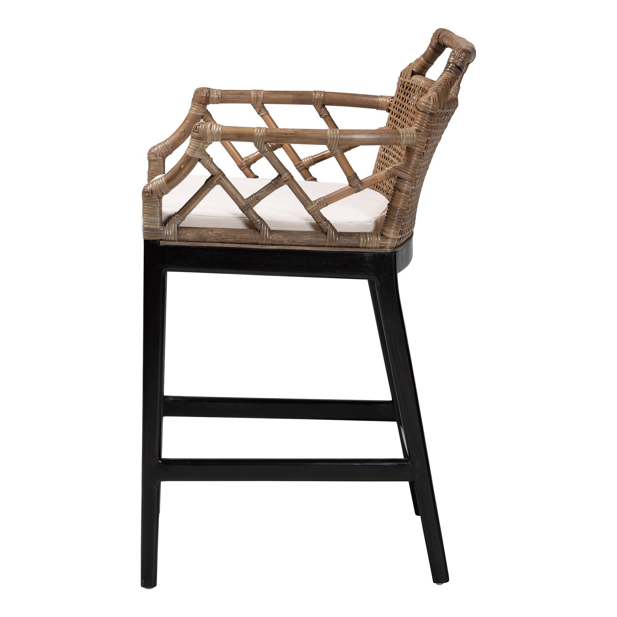 Left. bali & pari - Abiel Natural Rattan Counter Stool with Arms and Removable Cushion – Handwoven Wicker Stool with Mahogany Wood Frame - Greywash/Black.