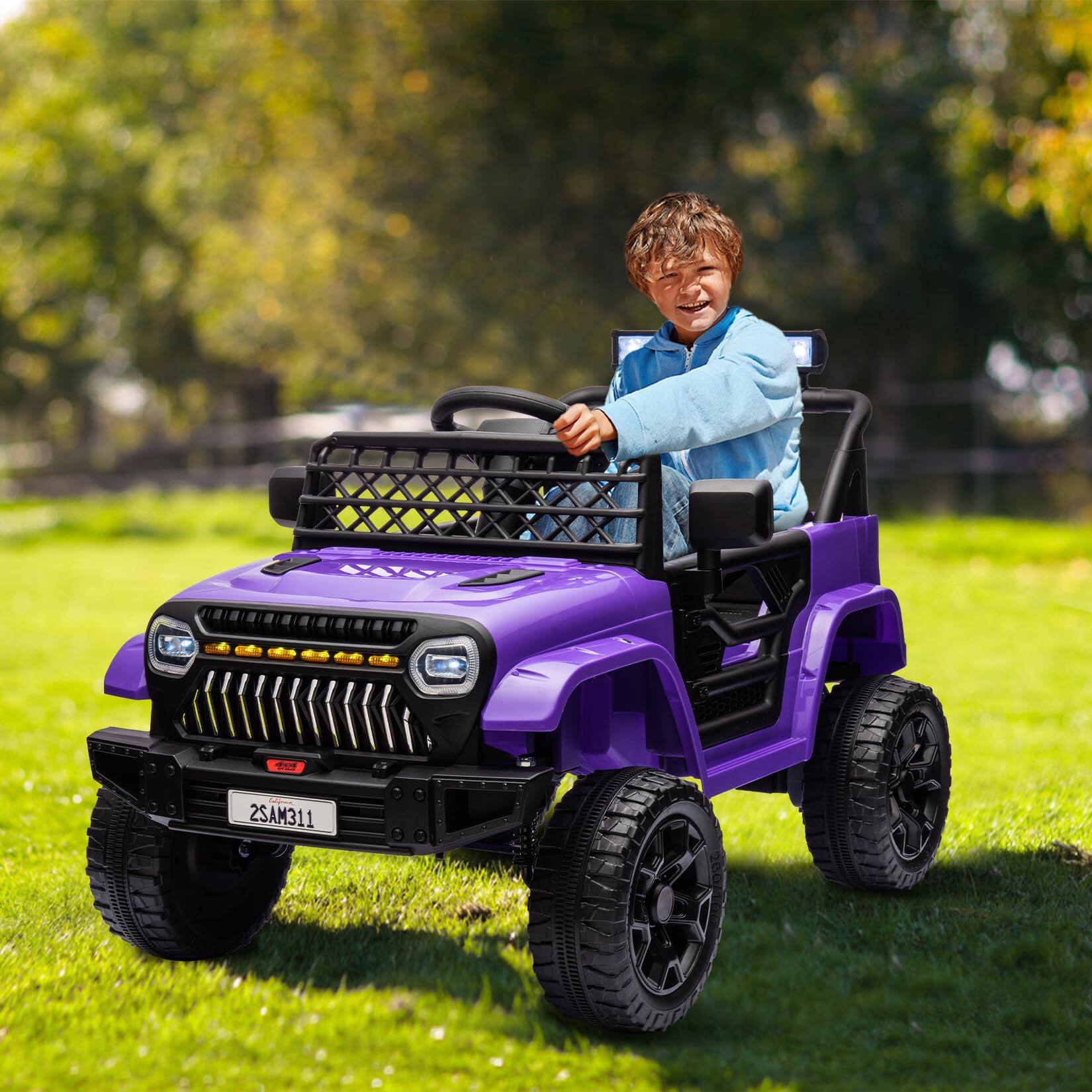 Alt View 6. GARVEE - 12V Kids Ride-On Truck, Electric Vehicle with Remote Control, 4-Wheel Suspension, LED Lights, Music, Battery Display - Purple.