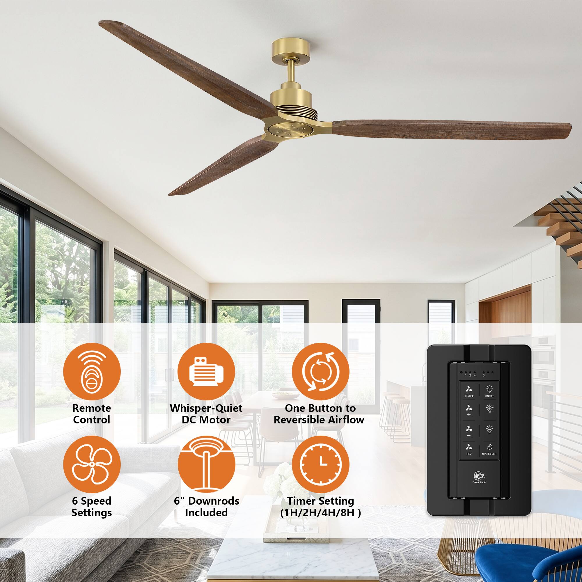 Remote Control Whisper-Quiet DC Motor Reversible Airflow One Button to 6 Speed Settings 6" Downrods Included Timer Setting (1H/2H/4H/8H)