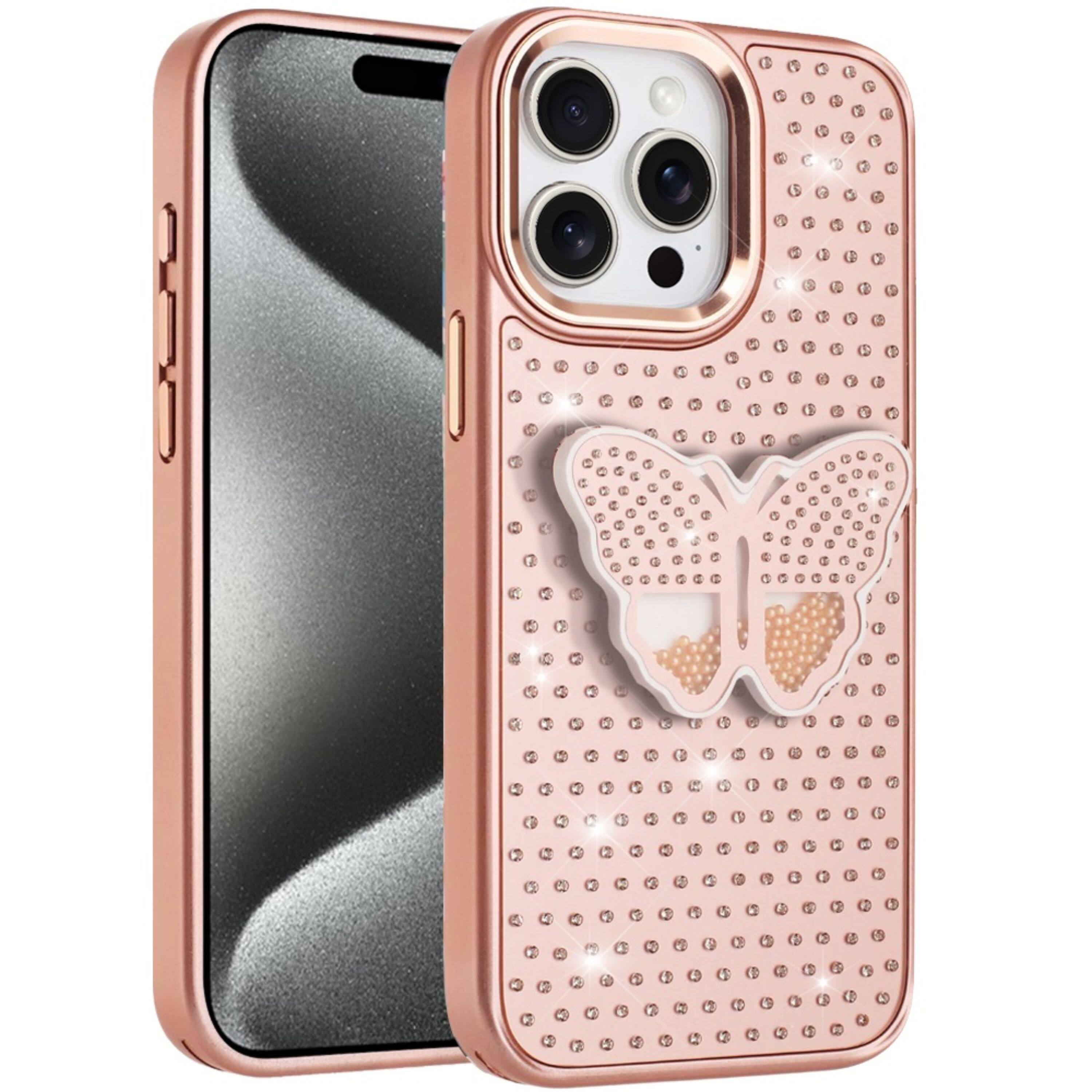Angle. Kitcheniva - Butterfly Crystal Grip Stand Case With Tempered Glass For iPhone 15 Pro Max Rose Gold - Rose Gold.