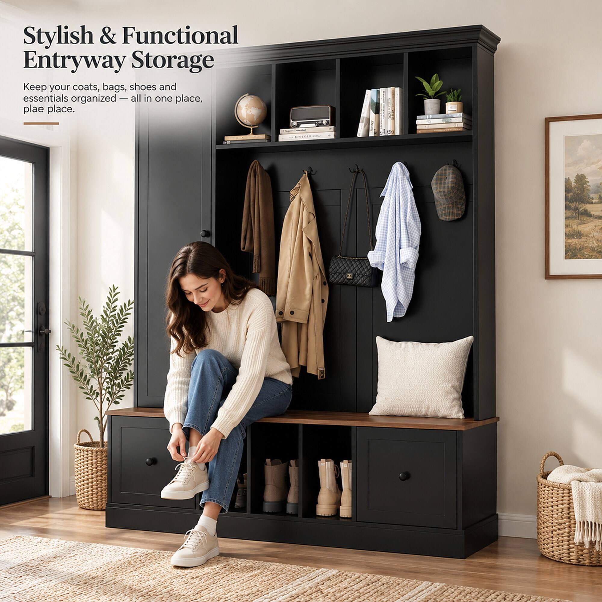 Stylish & Functional Entryway Storage  
Keep your coats, bags, shoes and essentials organized — all in one place, place.