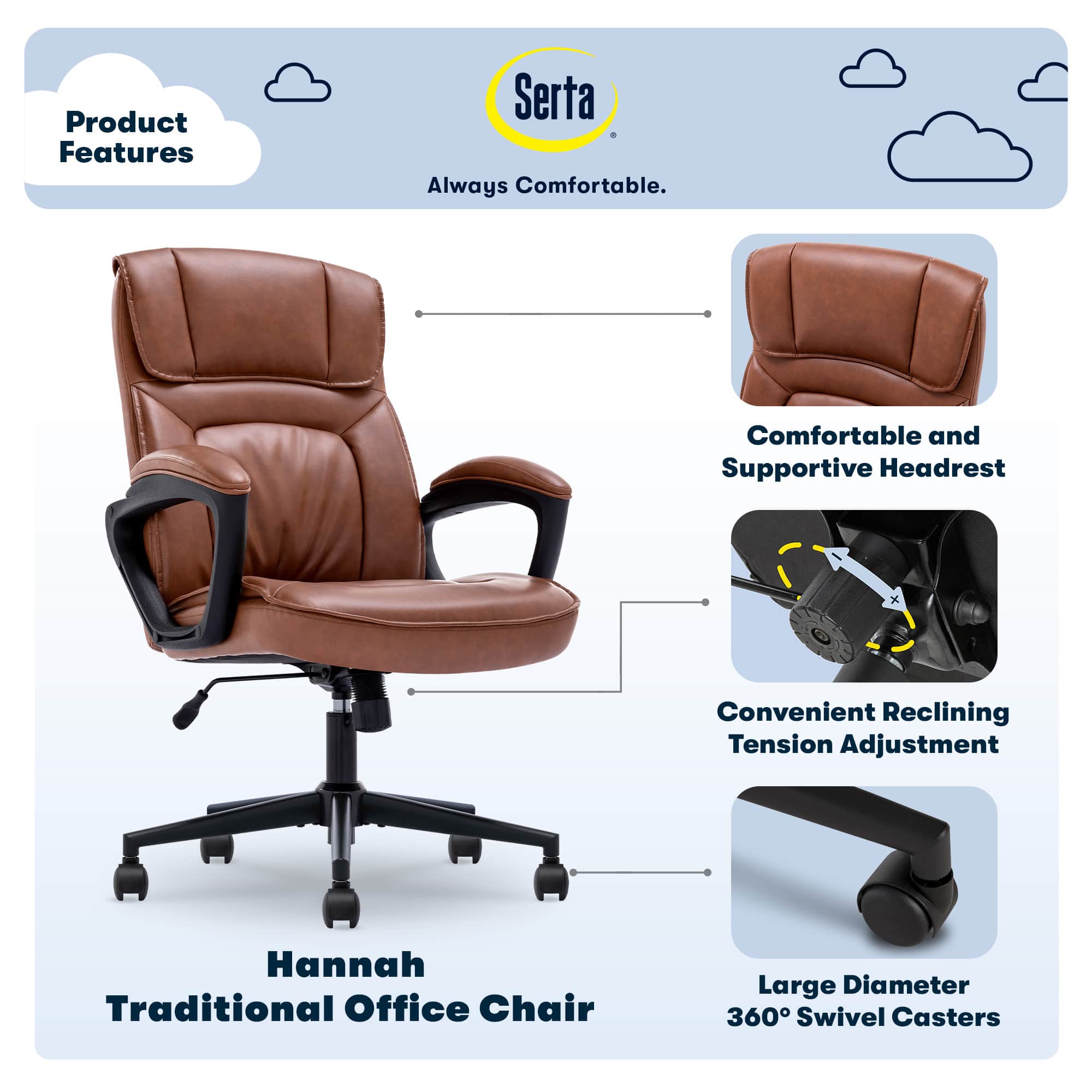 Product Features:
* Serta: Always Comfortable
* Comfortable and Supportive Headrest
* Convenient Reclining Tension Adjustment
* Hannah Traditional Office Chair
* Large Diameter 360 Swivel Casters