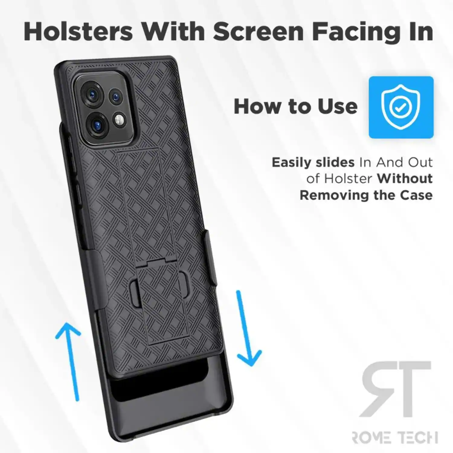 Holsters With Screen Facing In  
How to Use  
Easily slides In And Out of Holster Without Removing the Case  

ROME TECH