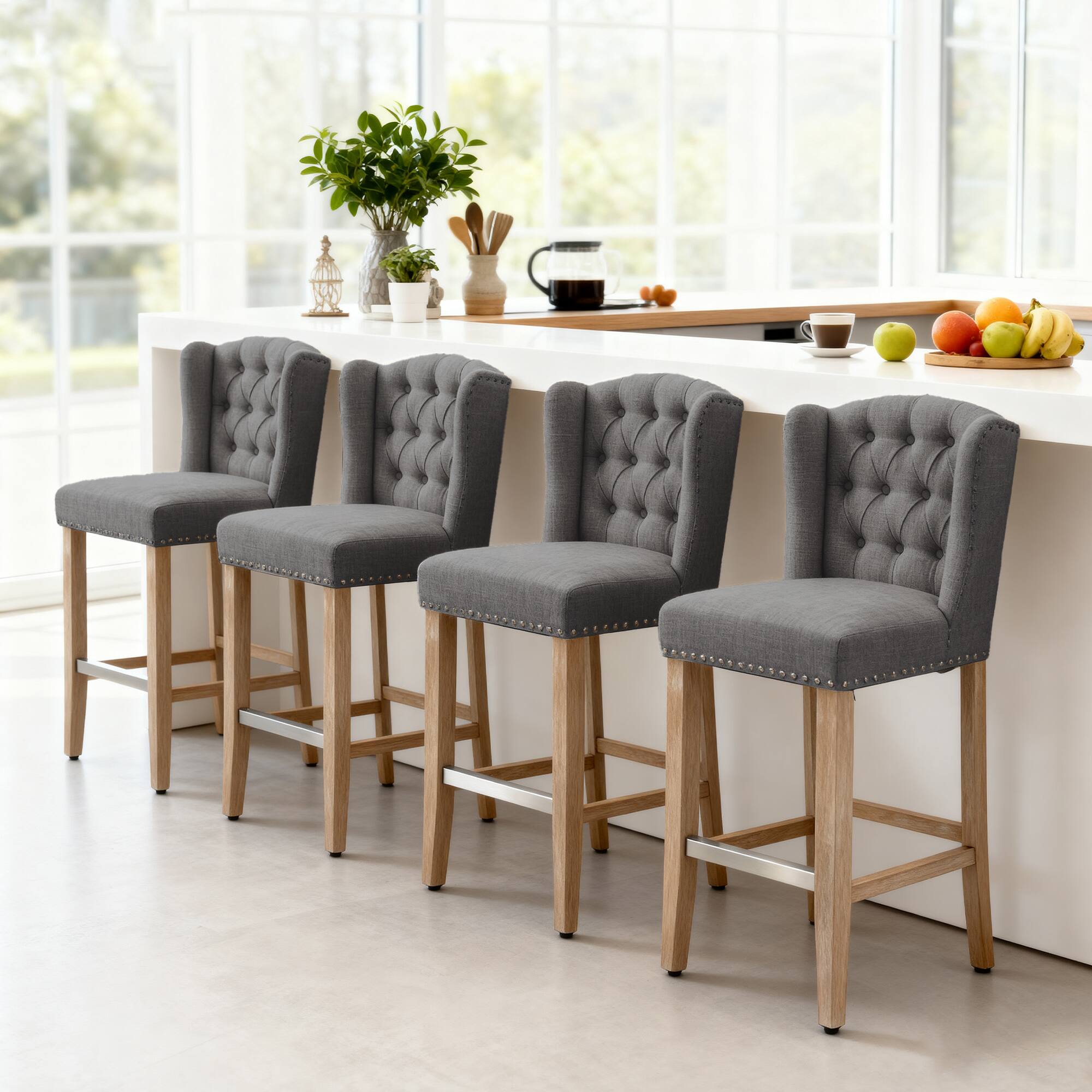 Alt View 7. Homcom - Counter Height Bar Stools Set of 2 (27"H Seat), Upholstered Farmhouse Kitchen Island Stools with Nailhead-Trim & Tufted - gray.