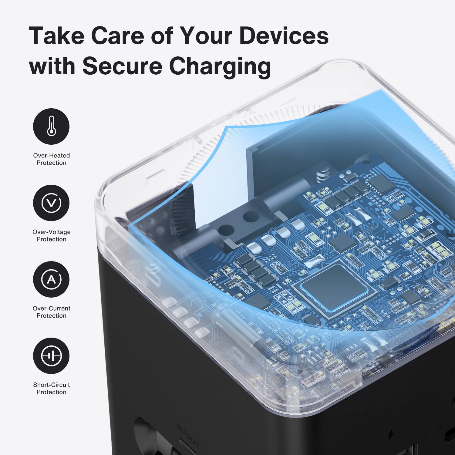Take Care of Your Devices with Secure Charging

- Over-Heated Protection
- Over-Voltage Protection
- Over-Current Protection
- Short-Circuit Protection