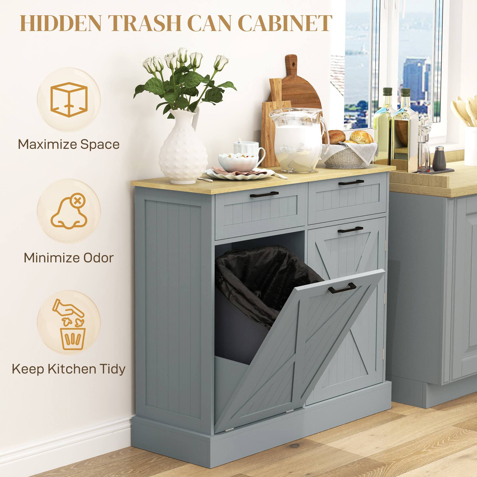 HIDDEN TRASH CAN CABINET

Maximize Space  
Minimize Odor  
Keep Kitchen Tidy