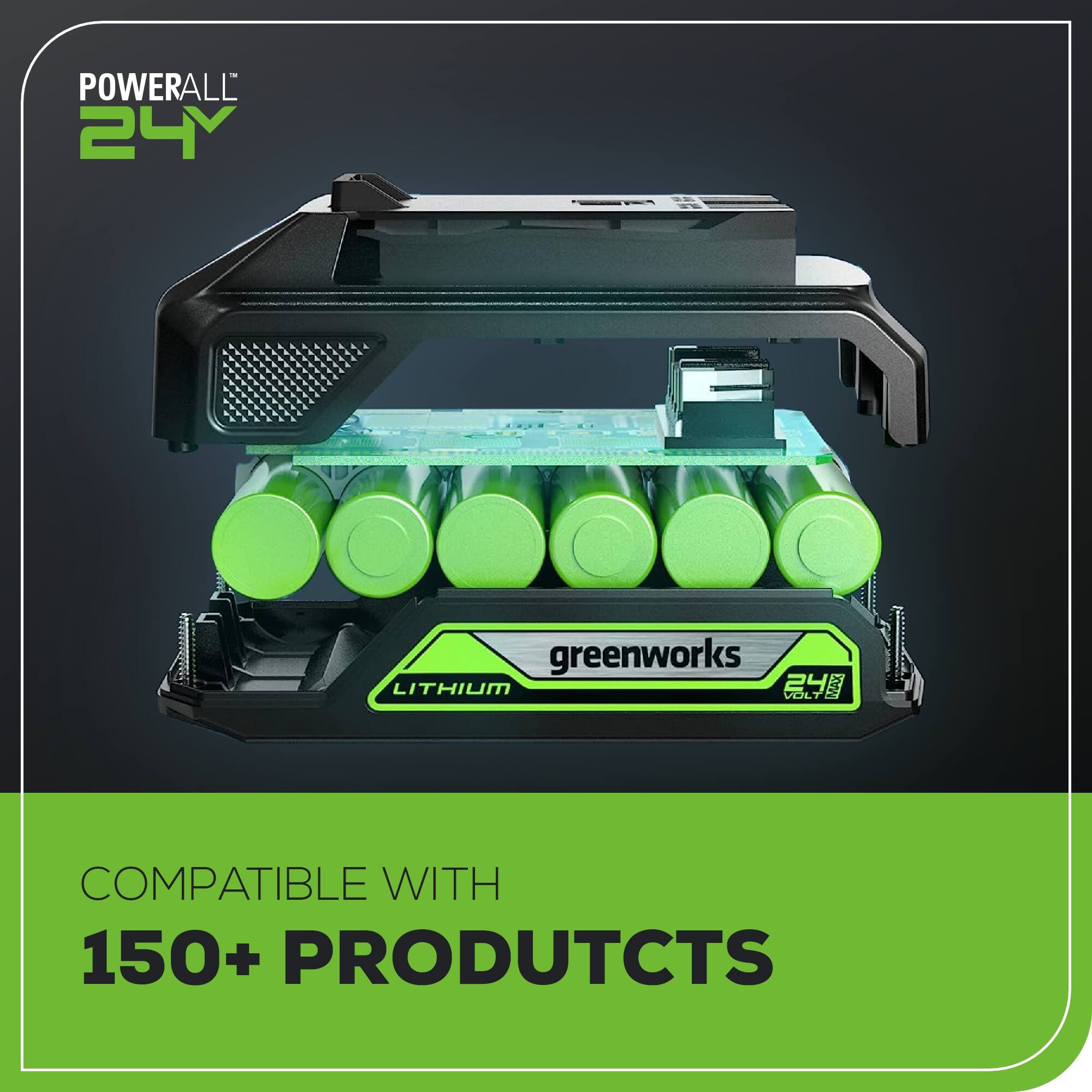 POWERALL 24V greenworks LITHIUM VOLT COMPATIBLE WITH 150+ PRODUCTS