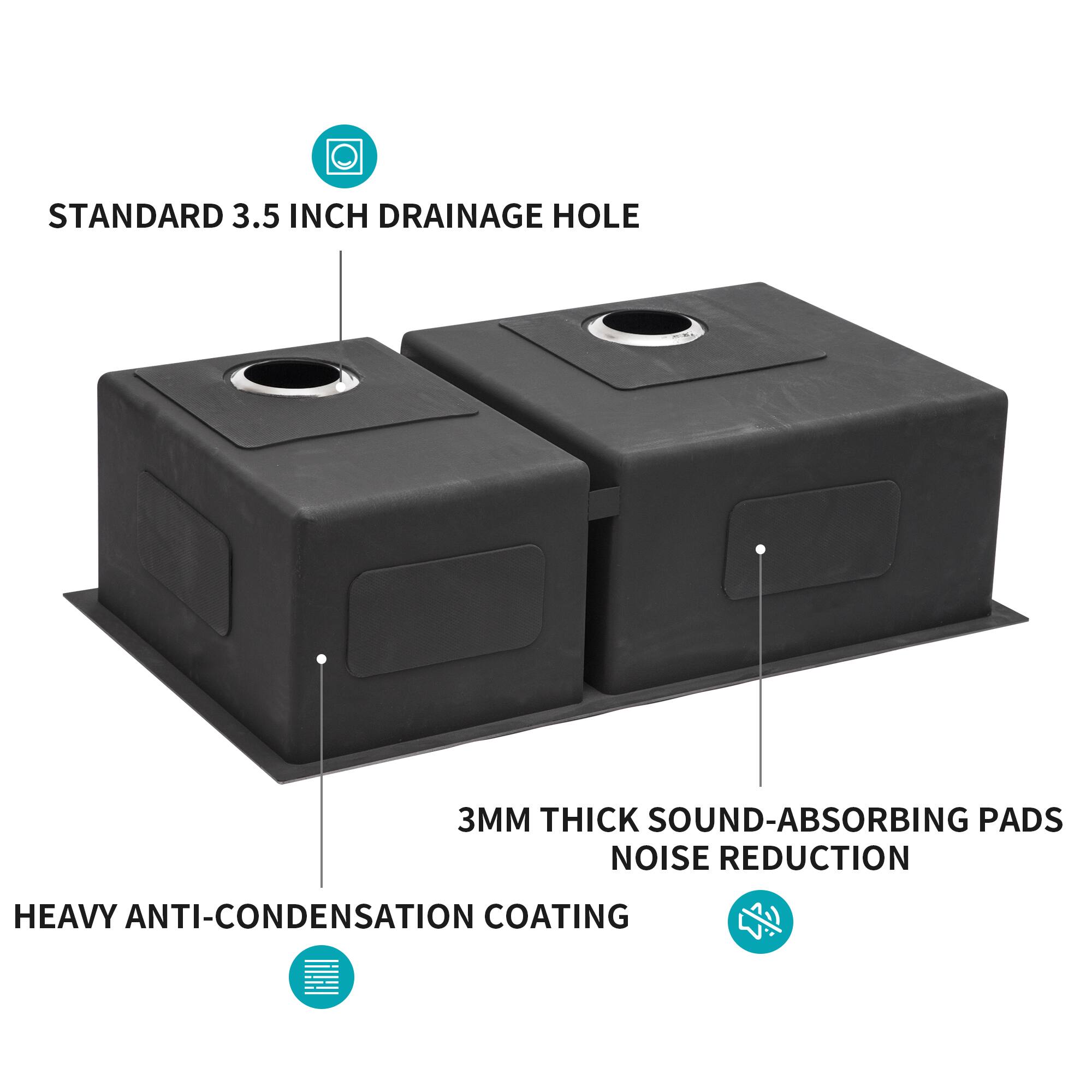 STANDARD 3.5 INCH DRAINAGE HOLE  
3MM THICK SOUND-ABSORBING PADS  
NOISE REDUCTION  
HEAVY ANTI-CONDENSATION COATING