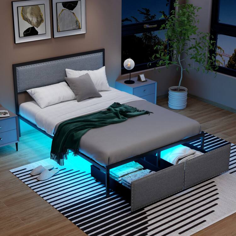 Left. LUCKY ONE - Full Size Metal Slats Bed Frame with LED Lights and Rolling Drawer - Grey.