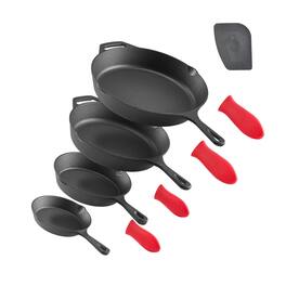Glintex - Cast Iron Skillet Frying Pan Set, 4 Piece Pre-Seasoned Cookware with Silicone Handle for Oven and Induction - Black