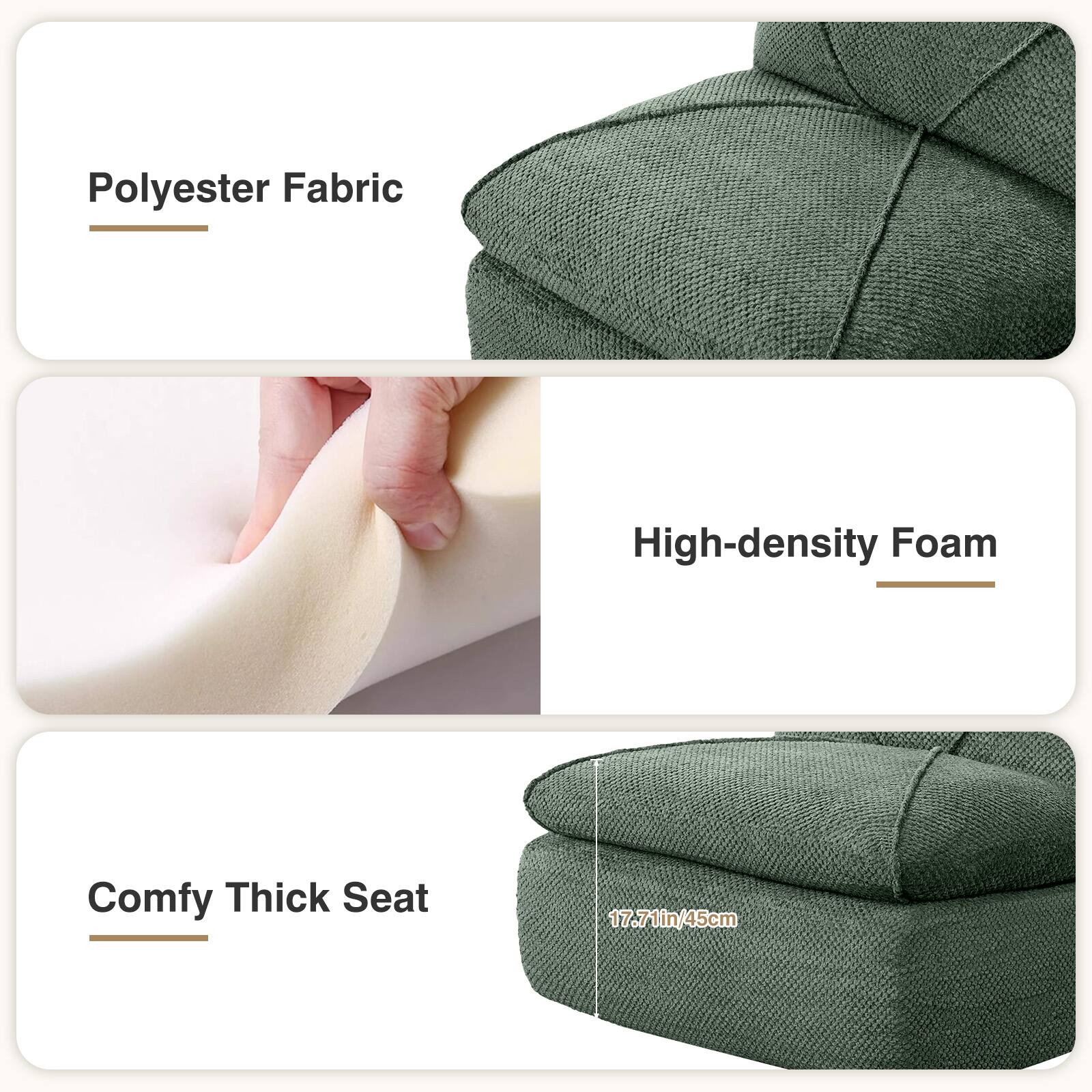 Polyester Fabric

High-density Foam

Comfy Thick Seat

17.71in/45cm