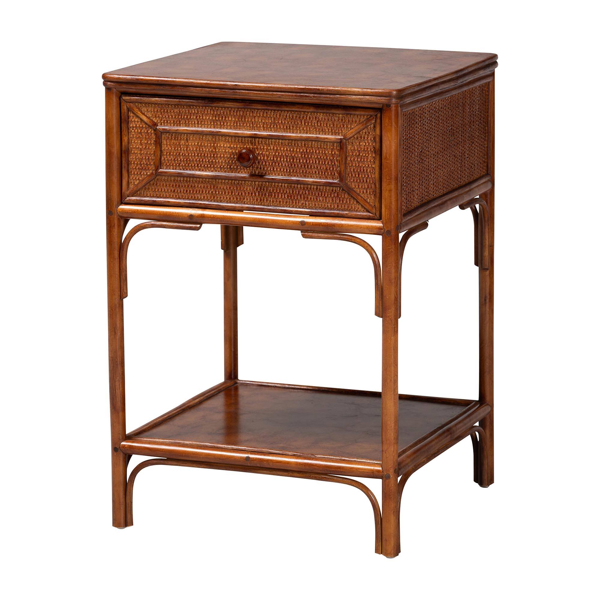 Front. bali & pari - Basile Natural Rattan End Table - Handwoven Wicker Accent Table with Geometric Overlay Drawer and Open Shelf - Marbled Tortoise Brown.