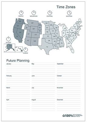 **Time Zones**

- **PACIFIC**: WA, OR, ID, NV, CA, AK, HI
- **MOUNTAIN**: MT, WY, CO, UT, AZ, NM
- **CENTRAL**: ND, SD, NE, KS, OK, TX, MN, IA, MO, AR, LA
- **EASTERN**: ME, NH, VT, MA, RI, CT, NY, NJ, DE, MD, PA, VA, WV, NC, SC, GA, FL, AL, TN, KY, IL, IN, MI, WI, OH

**Future Planning**

- **January**
- **February**
- **March**
- **April**
- **May**
- **June**
- **July**
- **August**
- **September**
- **October**
- **November**
- **December**

100%