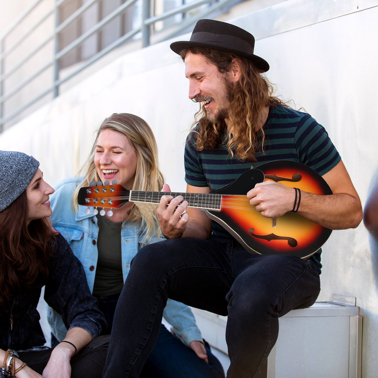 Left. Winado - A-Style Mandolin, 8 Strings Acoustic Mahogany Wood, Sunburst Thickened Gig Bag, Shoulder Strap, Picks Included.