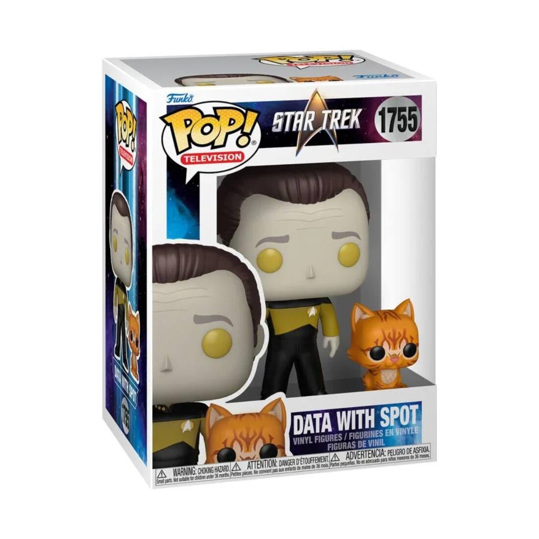 Sure, here is the corrected and grouped text from the image:

---

**Funko POP! TELEVISION**

**STAR TREK 1755**

**DATA WITH SPOT**

VINYL FIGURES / FIGURINES EN VINYLE / FIGURAS DE VINIL

**WARNING: CHOKING HAZARD - Small parts. Not for children under 3 years.**

**ADVERTENCIA: PELIGRO DE ASFIXIA - Pequeñas piezas. No es adecuado para niños menores de 3 años.**

---

This text is organized to reflect the information on the packaging.