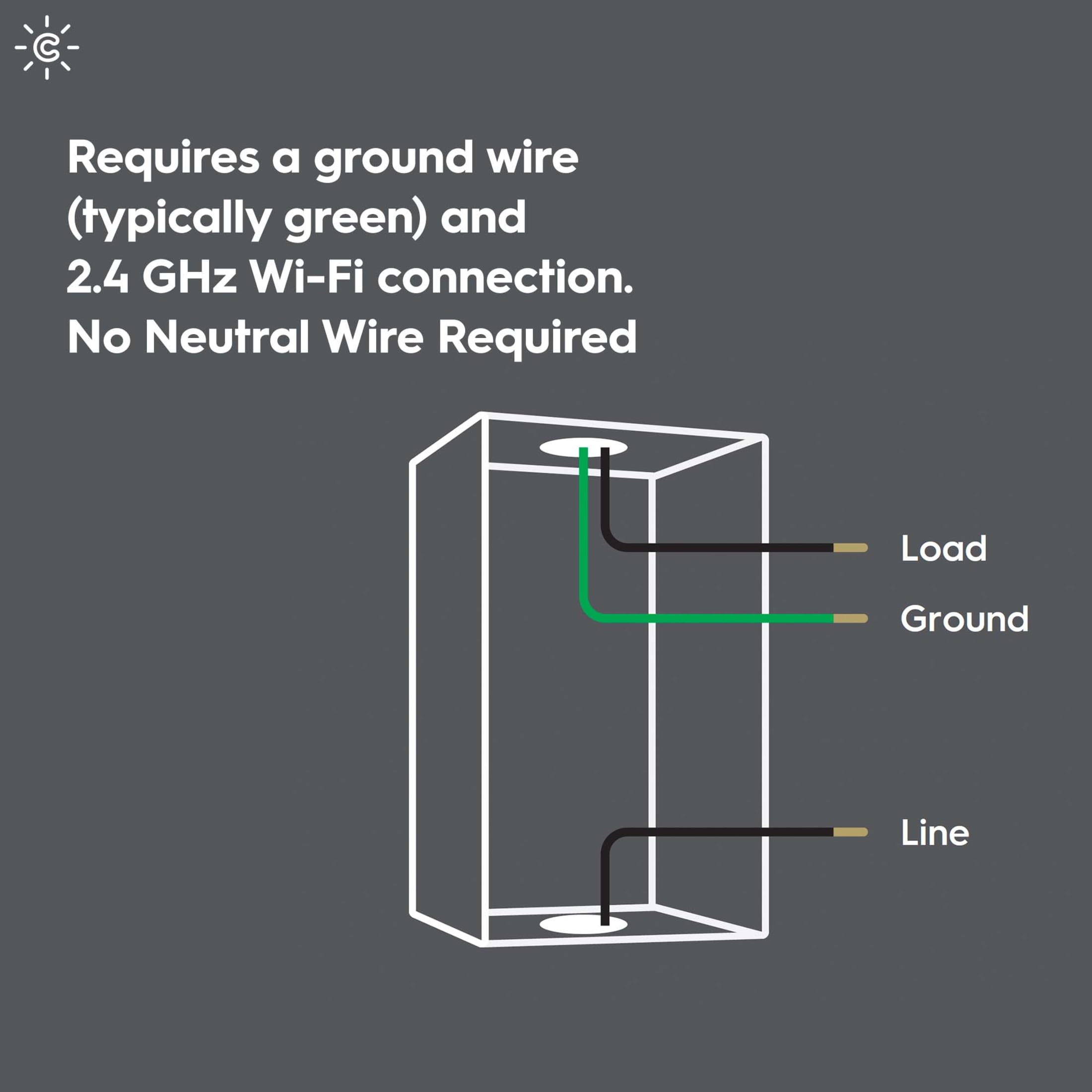 Requires a ground wire (typically green) and 2.4 GHz Wi-Fi connection. No Neutral Wire Required

Load  
Ground  
Line