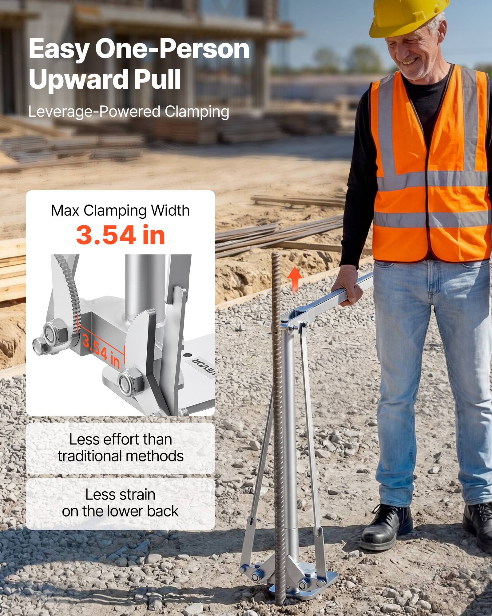Easy One-Person Upward Pull  
Leverage-Powered Clamping  

Max Clamping Width  
3.54 in  

Less effort than traditional methods  
Less strain on the lower back