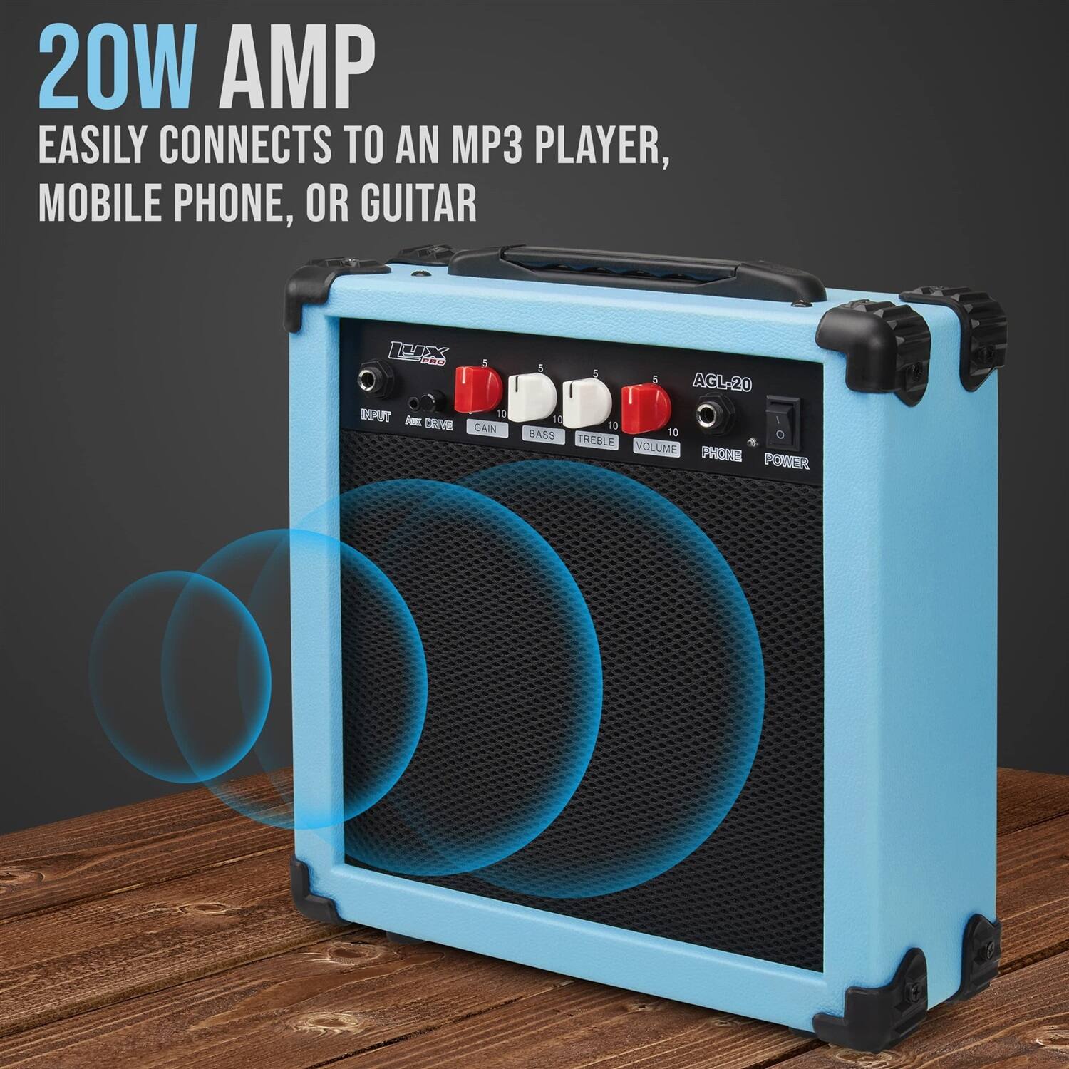 20W AMP EASILY CONNECTS TO AN MP3 PLAYER, MOBILE PHONE, OR GUITAR

INPUT
GAIN
BASS
TREBLE
VOLUME
PHONE
POWER
