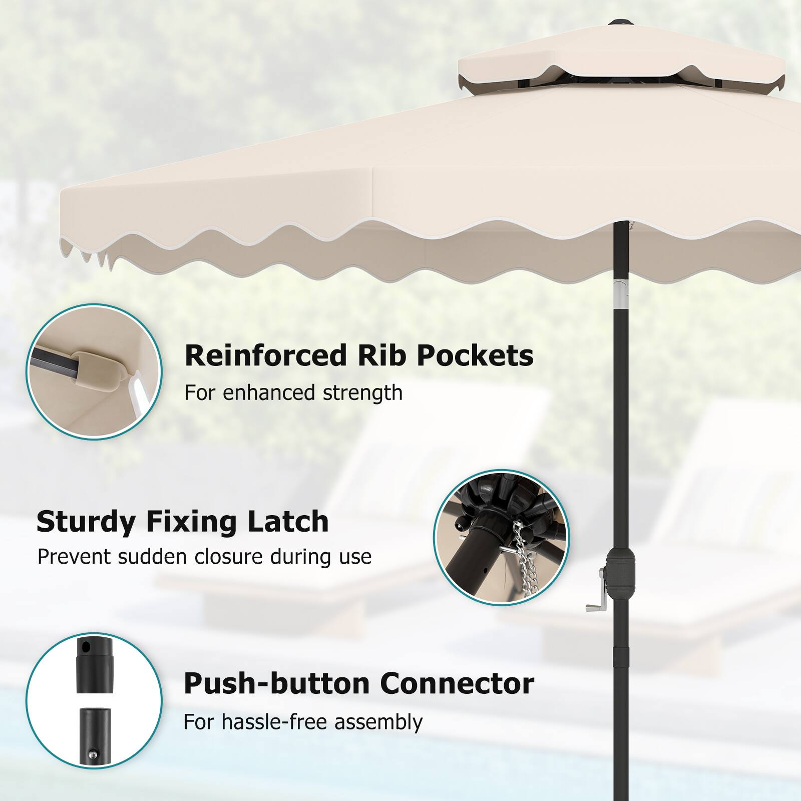 Reinforced Rib Pockets  
For enhanced strength  

Sturdy Fixing Latch  
Prevent sudden closure during use  

Push-button Connector  
For hassle-free assembly