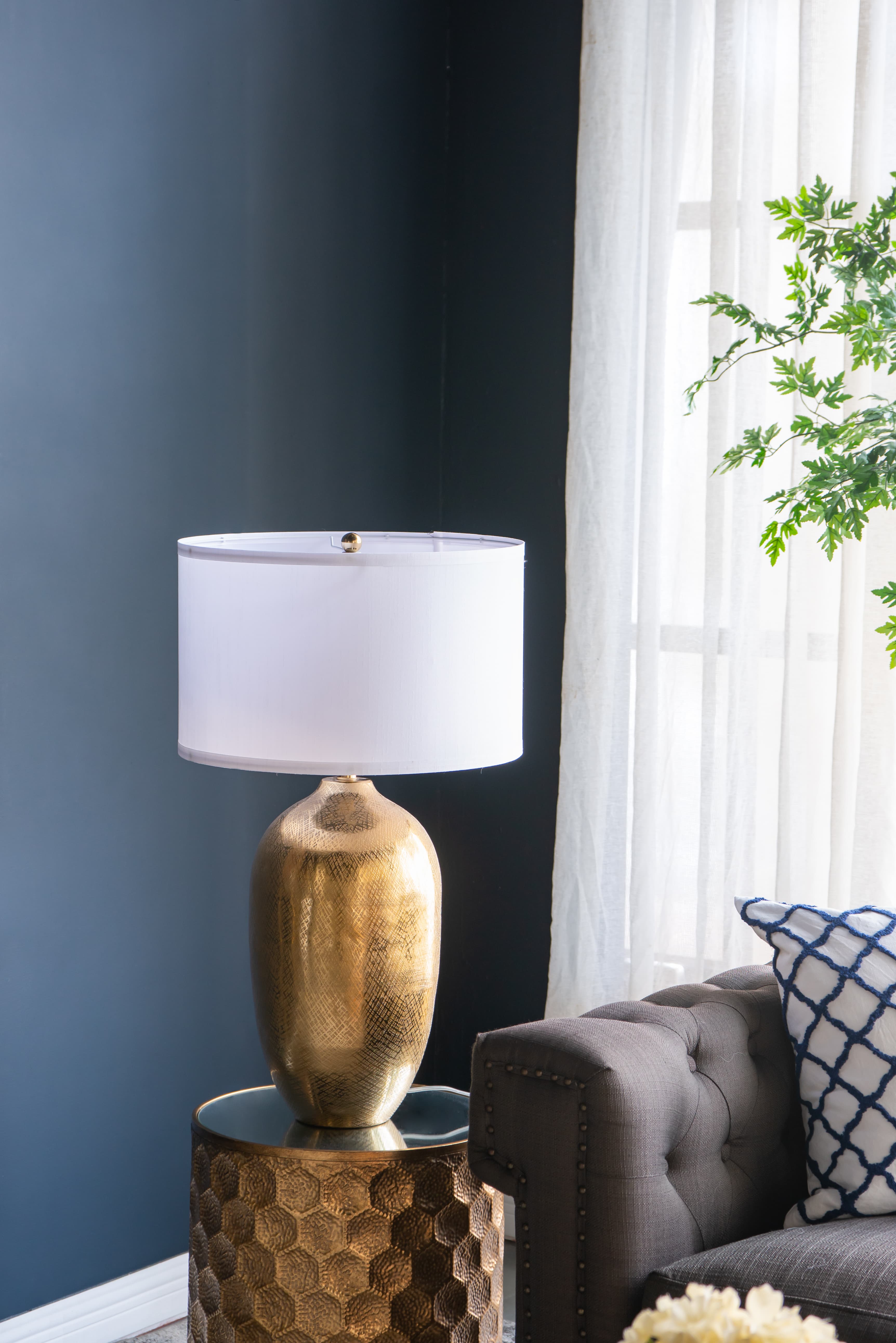 Alt View 9. Luckbyte - D15x25.7" Round Aluminum Gold Table Lamp White Fabric Shade Lamp Shade Assembly Required.