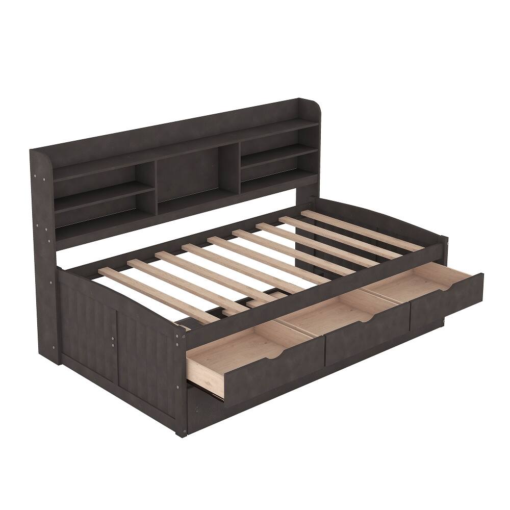 Alt View 10. Loheer - Loheer Twin Captain Bed with Trundle and Storage Drawers Antique Brown - Antique Brown.