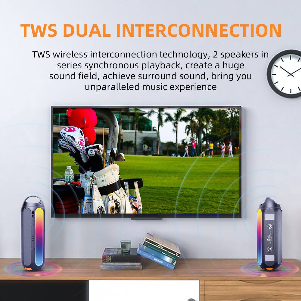 TWS DUAL INTERCONNECTION

TWS wireless interconnection technology, 2 speakers in series synchronous playback, create a huge sound field, achieve surround sound, bring you unparalleled music experience