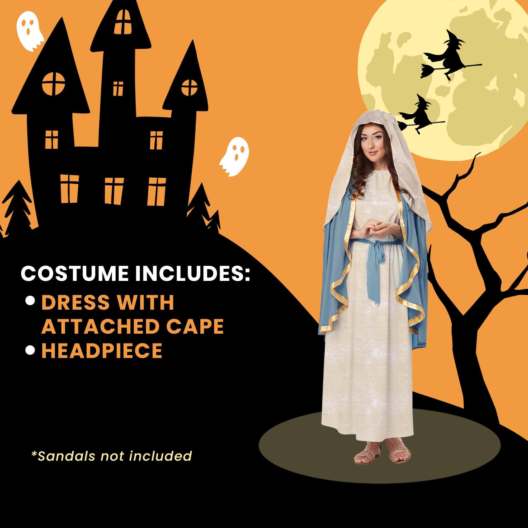 COSTUME INCLUDES:  
- DRESS WITH ATTACHED CAPE  
- HEADPIECE  

*Sandals not included