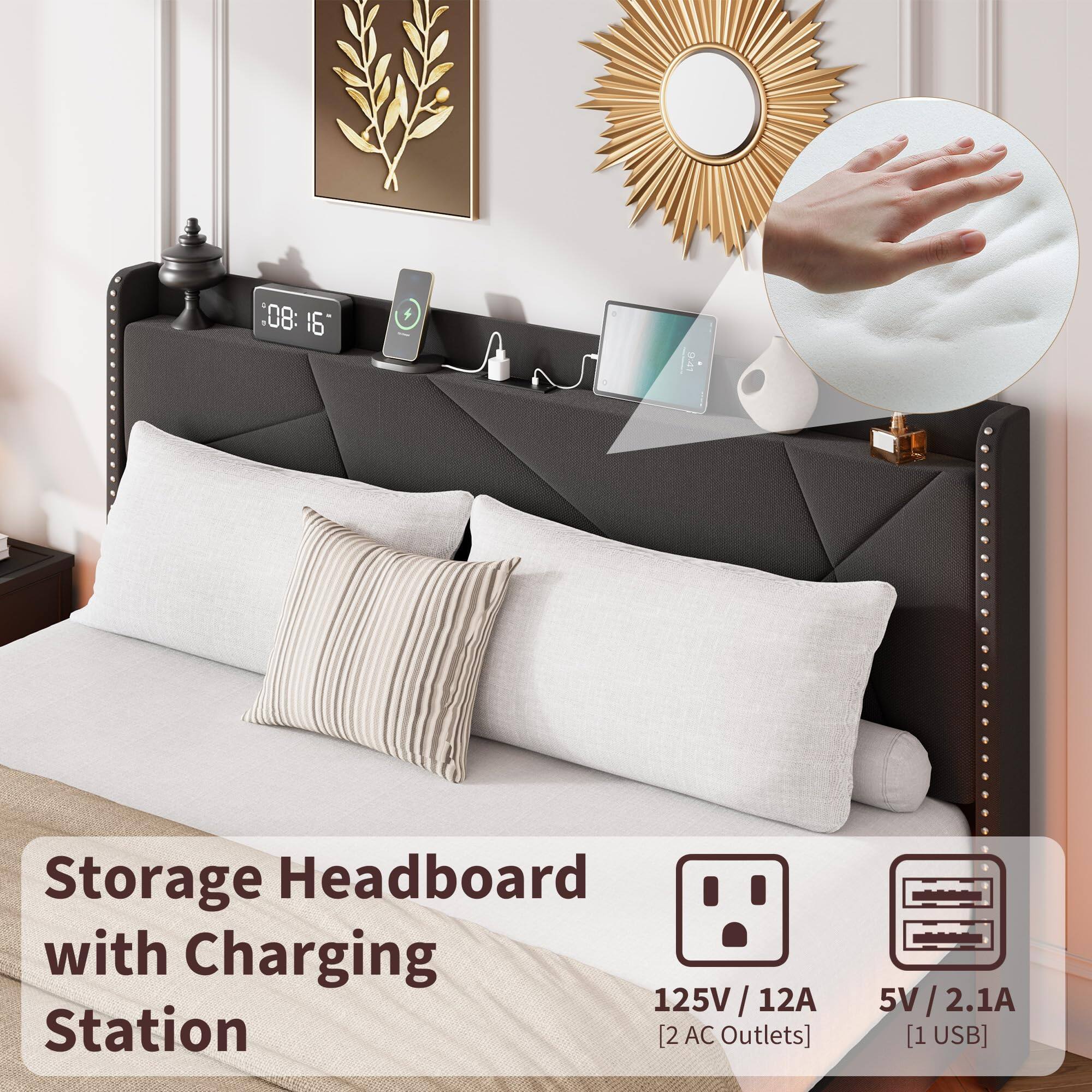 Storage Headboard with Charging Station

- 125V / 12A [2 AC Outlets]
- 5V / 2.1A [1 USB]