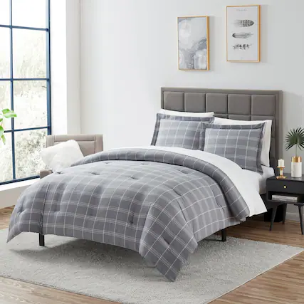 Front. Sweet Home Collection - 7 Piece Chambray Bed in a Bag Comforter & Sheet Set - Queen - Gray.