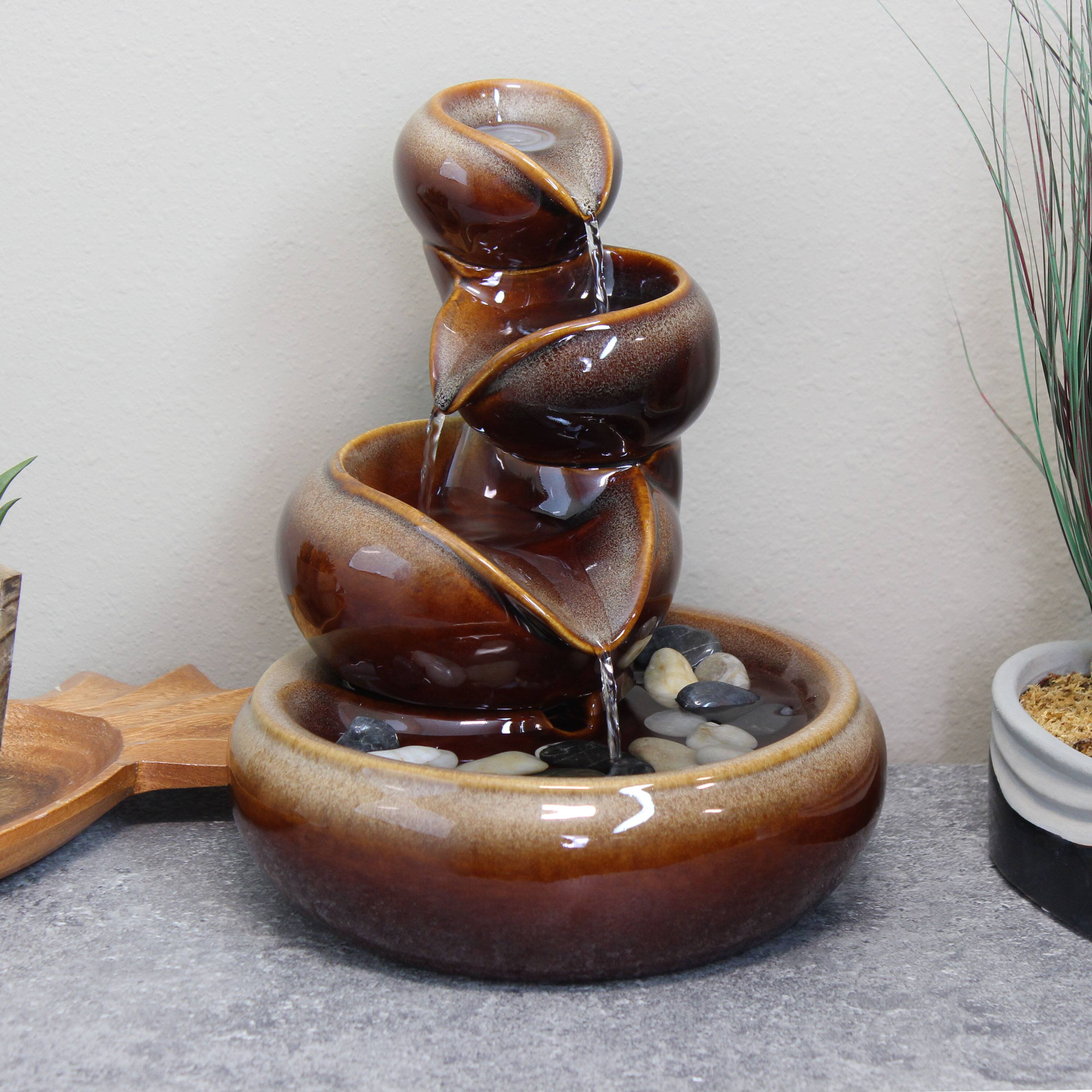 Alt View 7. Sunnydaze - Tiered Vessels Ceramic Indoor Water Fountain - 10 in - Brown.